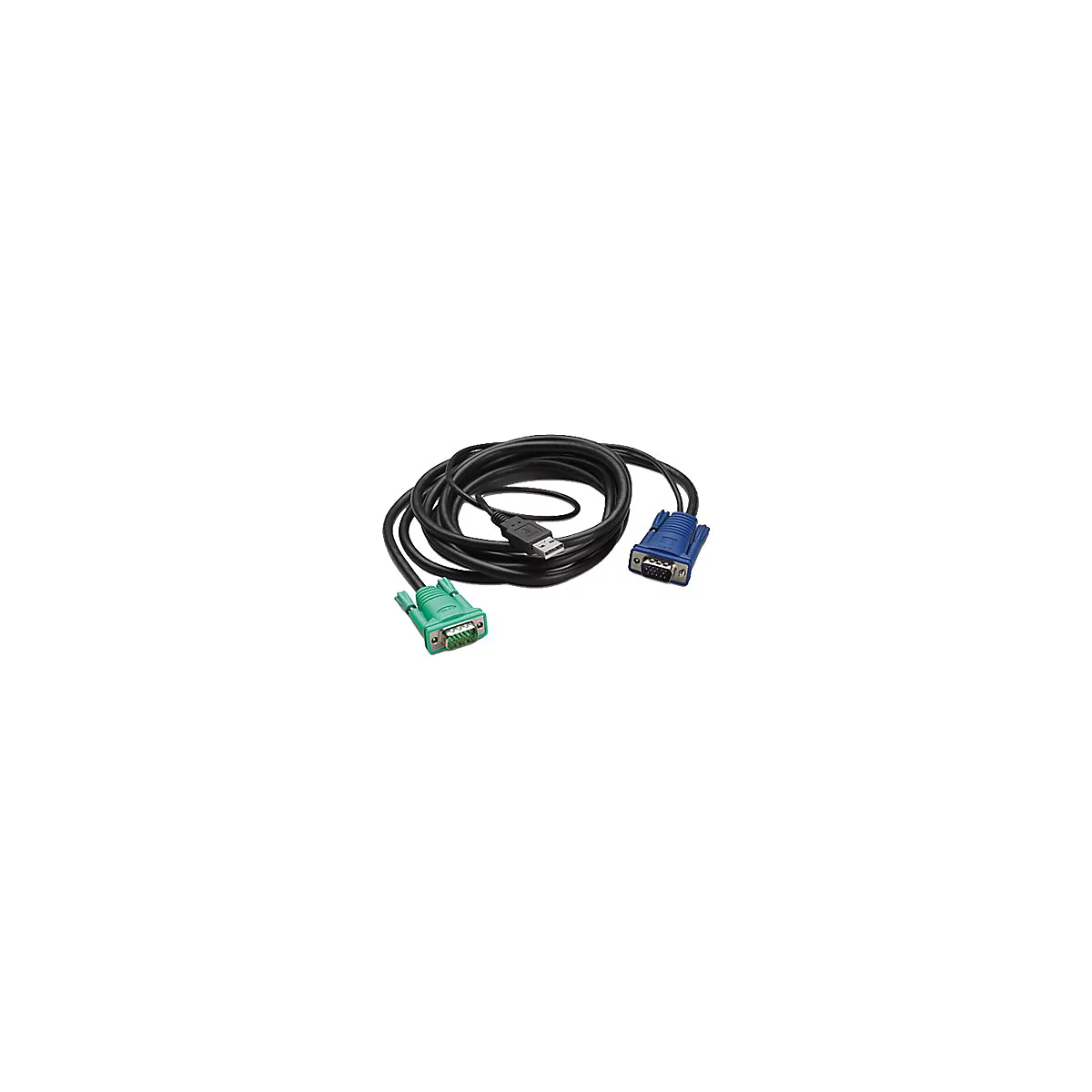 Un câble noir avec USB et deux connecteurs VGA. Le connecteur à l'extrémité gauche est vert, celui à l'extrémité droite est bleu.