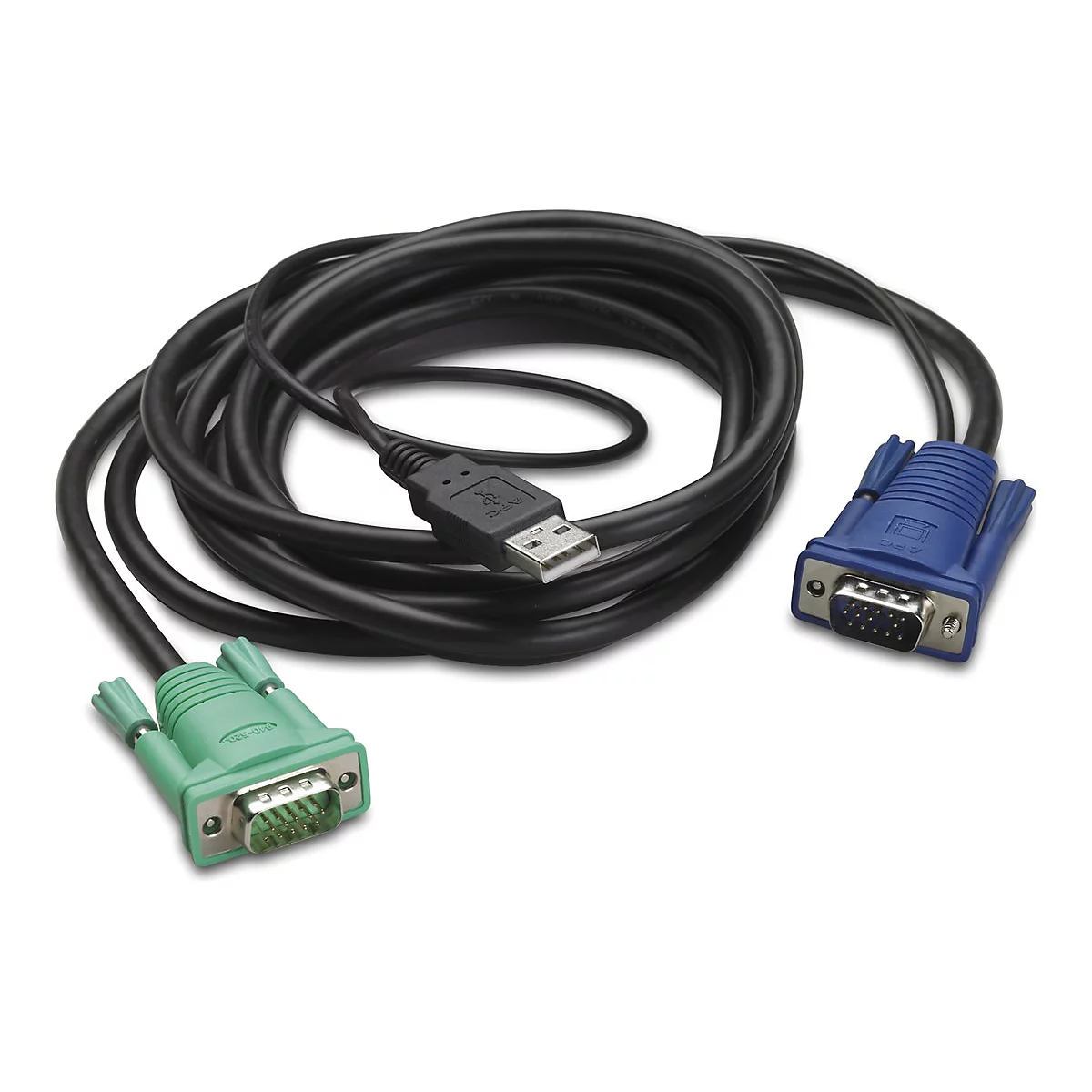Un câble noir avec des connecteurs USB et VGA. Les extrémités sont vertes et bleues.