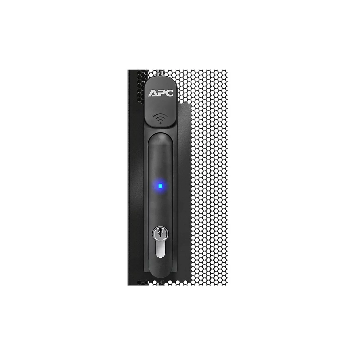 Schwarzer APC Server-Türgriff mit leuchtender blauer Status-LED und Schlüsselloch an einer Lochgittertür.