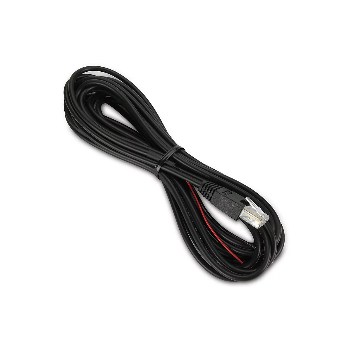 Ein schwarzes Netzwerkkabel liegt auf weißem Grund. An einem Ende ist ein RJ45-Stecker mit transparentem Kunststoff zu sehen.