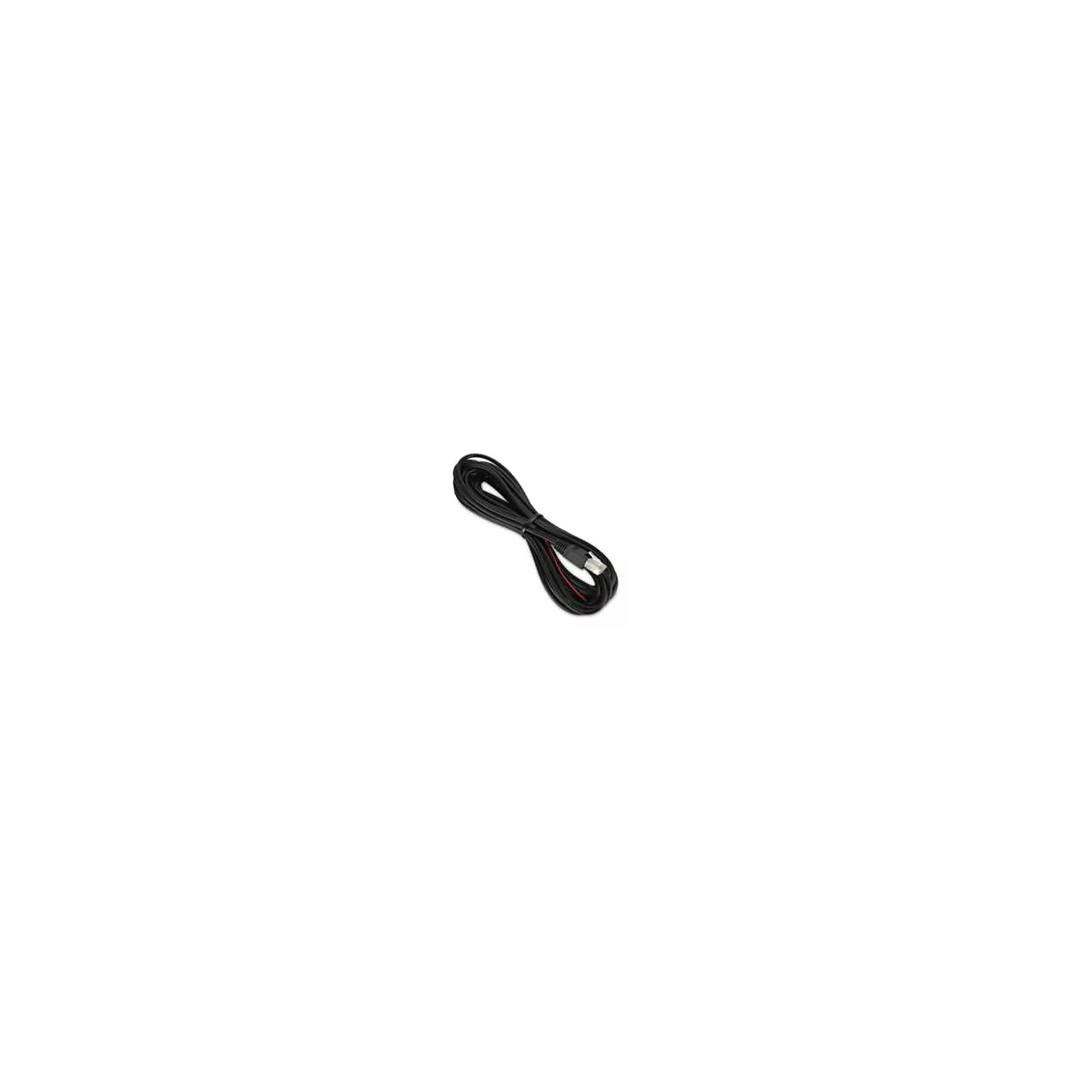 Ein schwarzes Ethernet-Kabel, aufgewickelt. Ein Stecker mit Metall-Kopf. Rotes Kabel sichtbar.