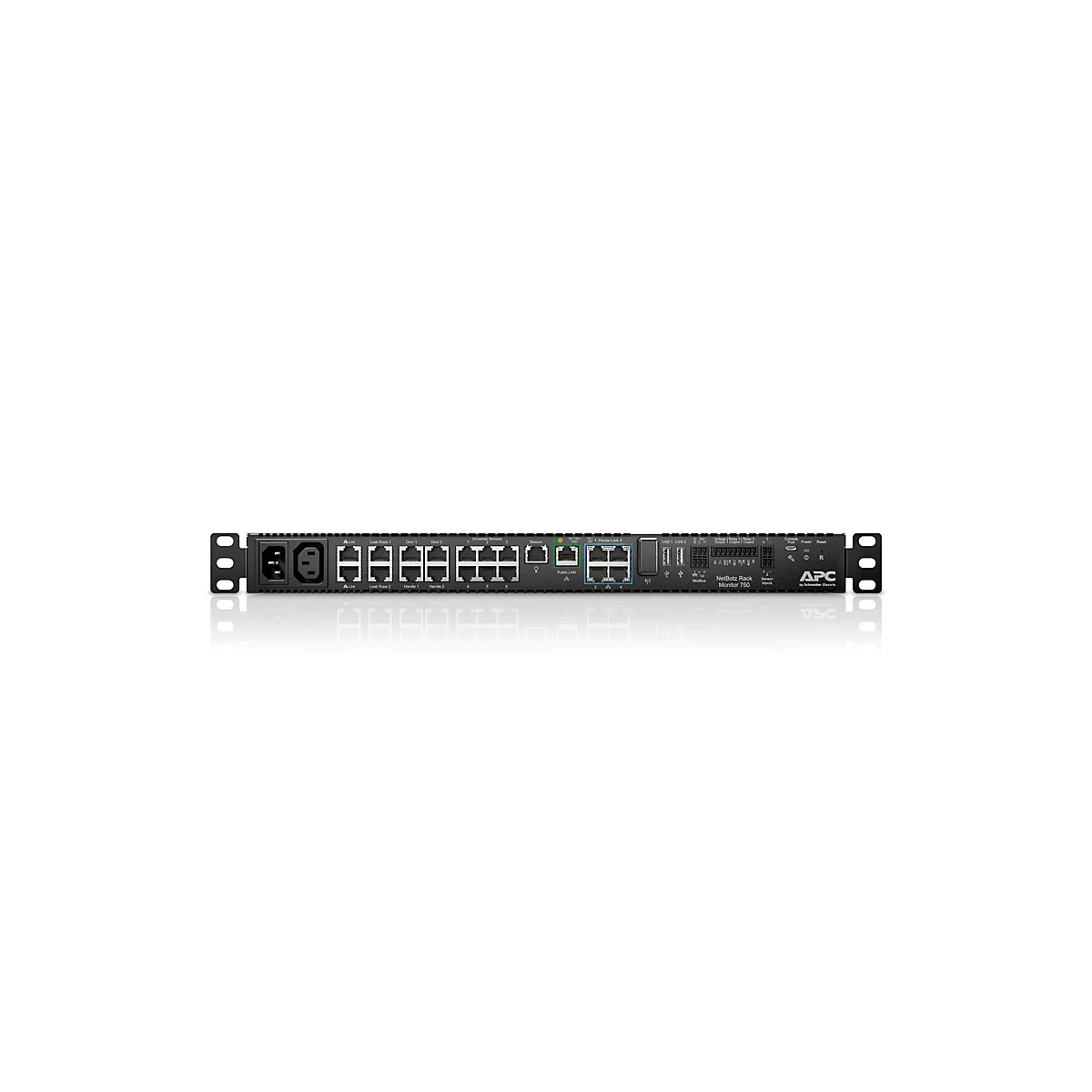 Schwarzer APC-Server-Switch, Frontansicht mit AnschlÃ¼ssen, auf weiÃŸem Hintergrund.