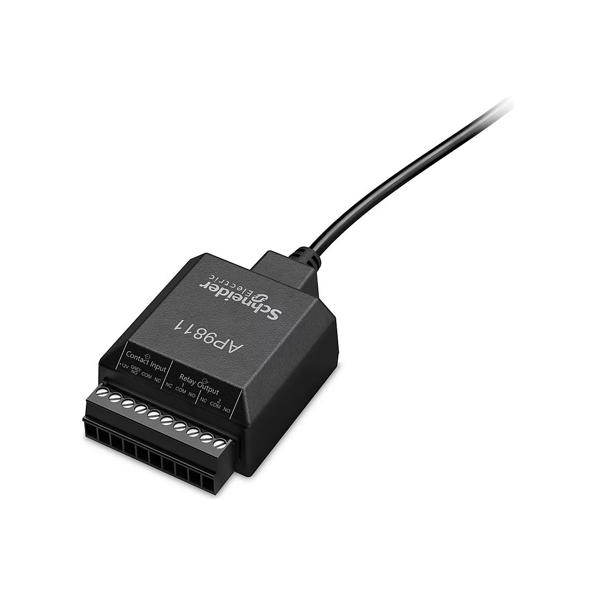 Ein schwarzes elektronisches Gerät mit Beschriftungen wie "Schneider Electric" und "AP9811", verbunden mit einem schwarzen Kabel.