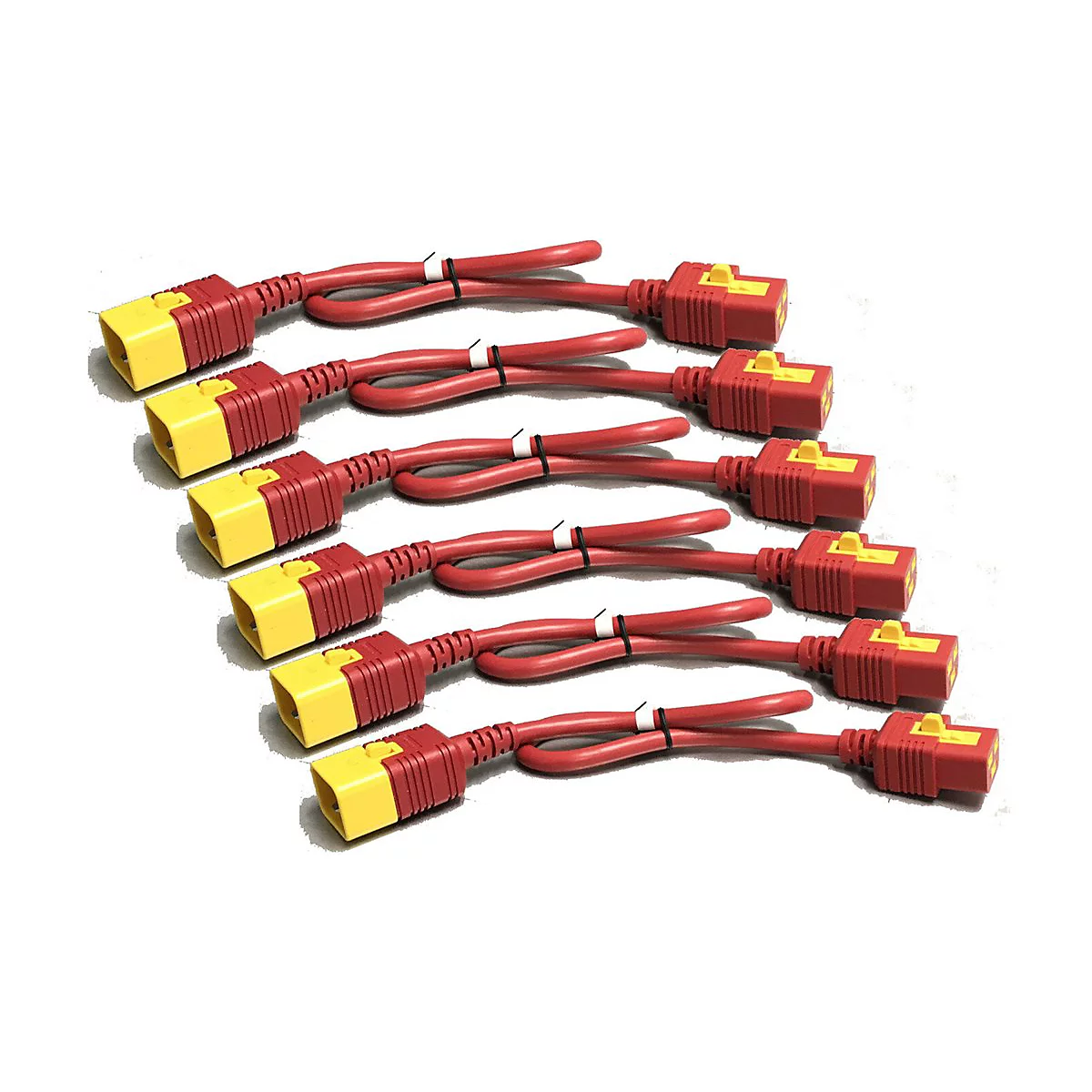 Mehrere rote und gelbe Kabel mit Steckern auf weißem Grund.