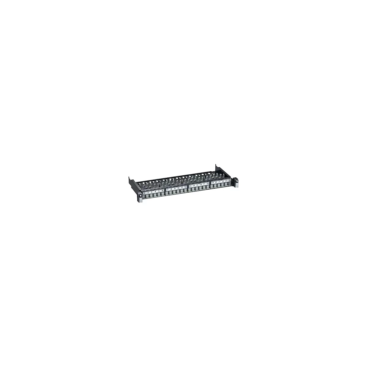 Schwarzes Patchpanel mit nummerierten Anschlüssen. Die Zahlen 1-24 sind auf der Vorderseite sichtbar.