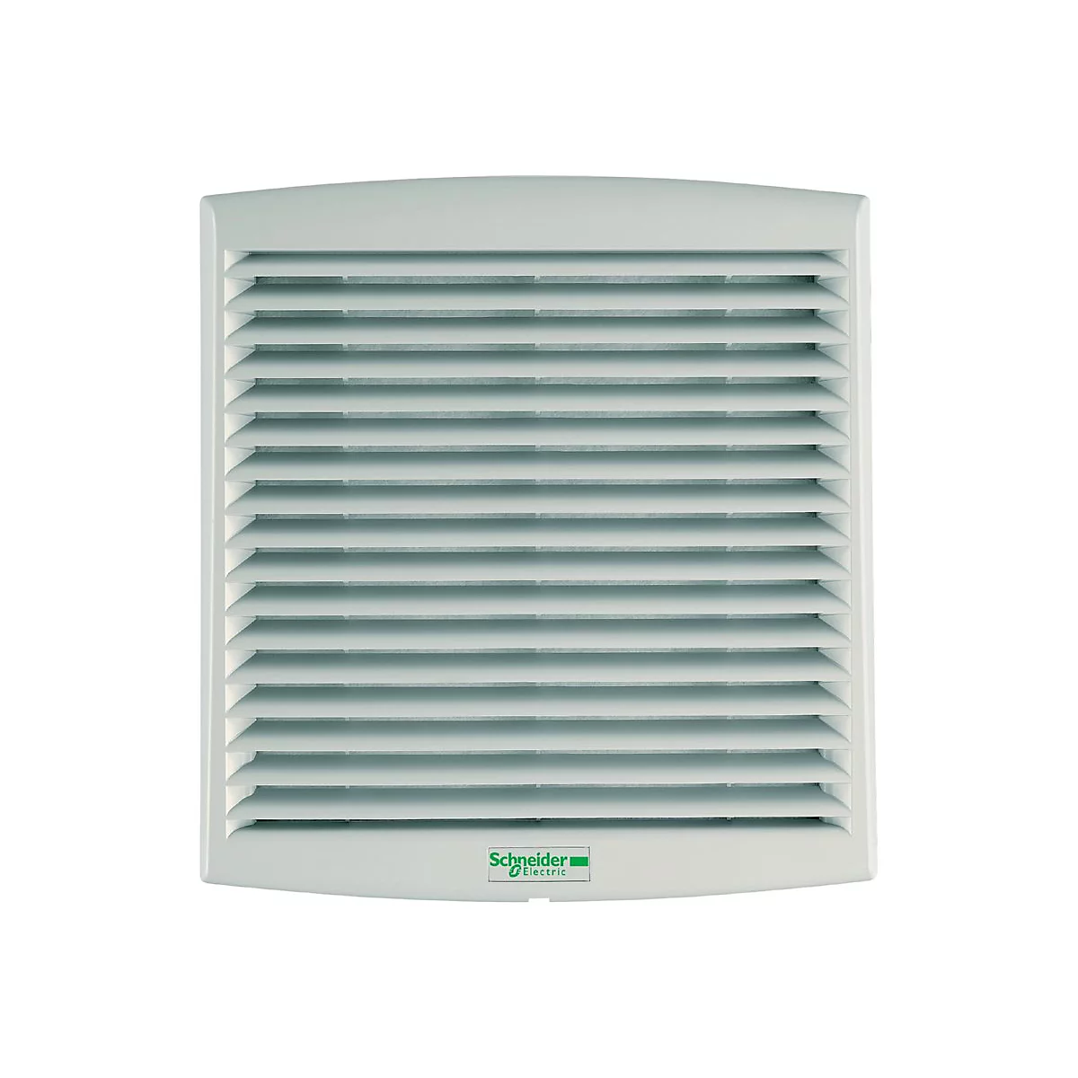 Quadratisches, graues Lüftungsgitter mit horizontalen Lamellen und Schneider Electric Logo.