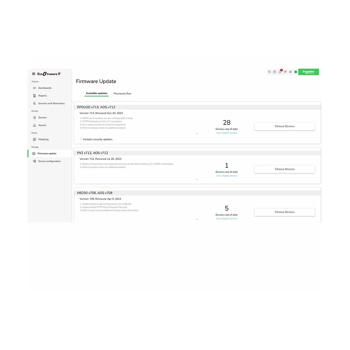 Capture d'écran montrant une page de mise à jour du micrologiciel. Il affiche trois mises à jour du micrologiciel de l'appareil avec les numéros de version, les dates de sortie et les descriptions.
