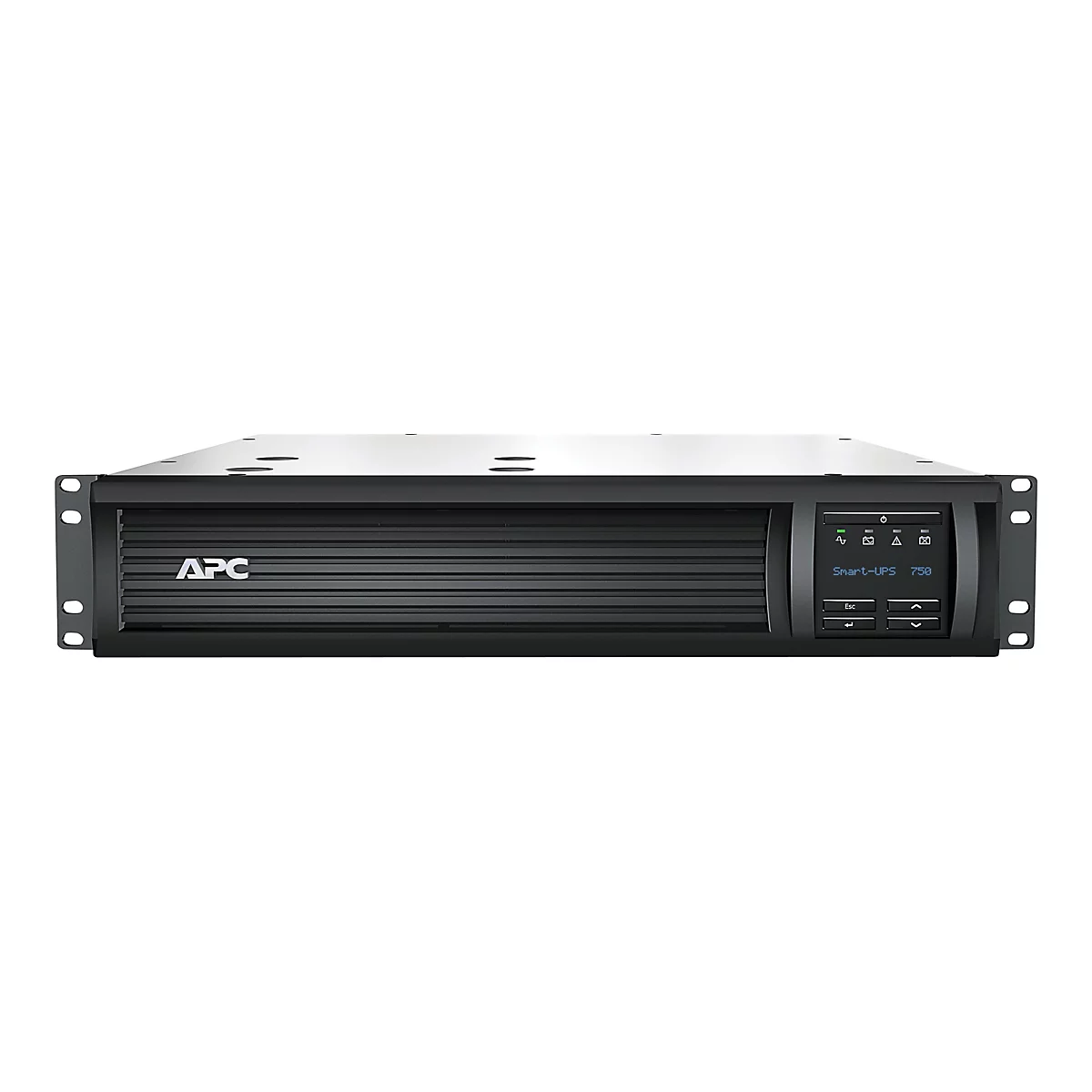 Schwarze APC USV-Anlage mit Display, vor weißem Hintergrund. Schriftzug: Smart-UPS 750.