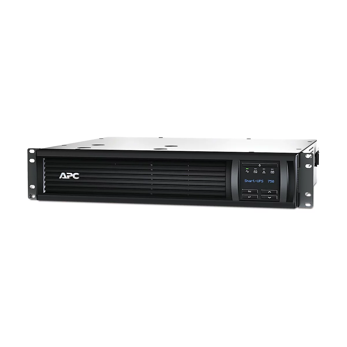 Ein schwarzes APC Smart-UPS 750 Stromversorgungssystem. Das Gerät ist vor weißem Hintergrund abgebildet.