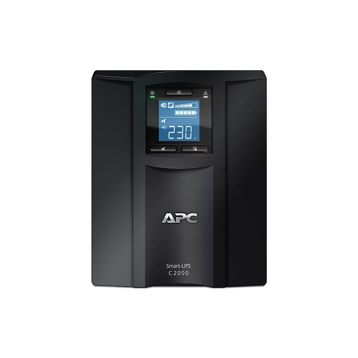 Schwarze USV-Anlage mit LCD-Anzeige, APC-Logo und Text: Smart-UPS C 2000.