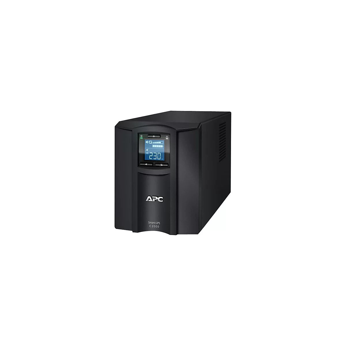 Schwarze APC USV mit blauem Display. Auf dem Display ist der Wert 230 zu sehen. Schriftzug APC und Smart-UPS.