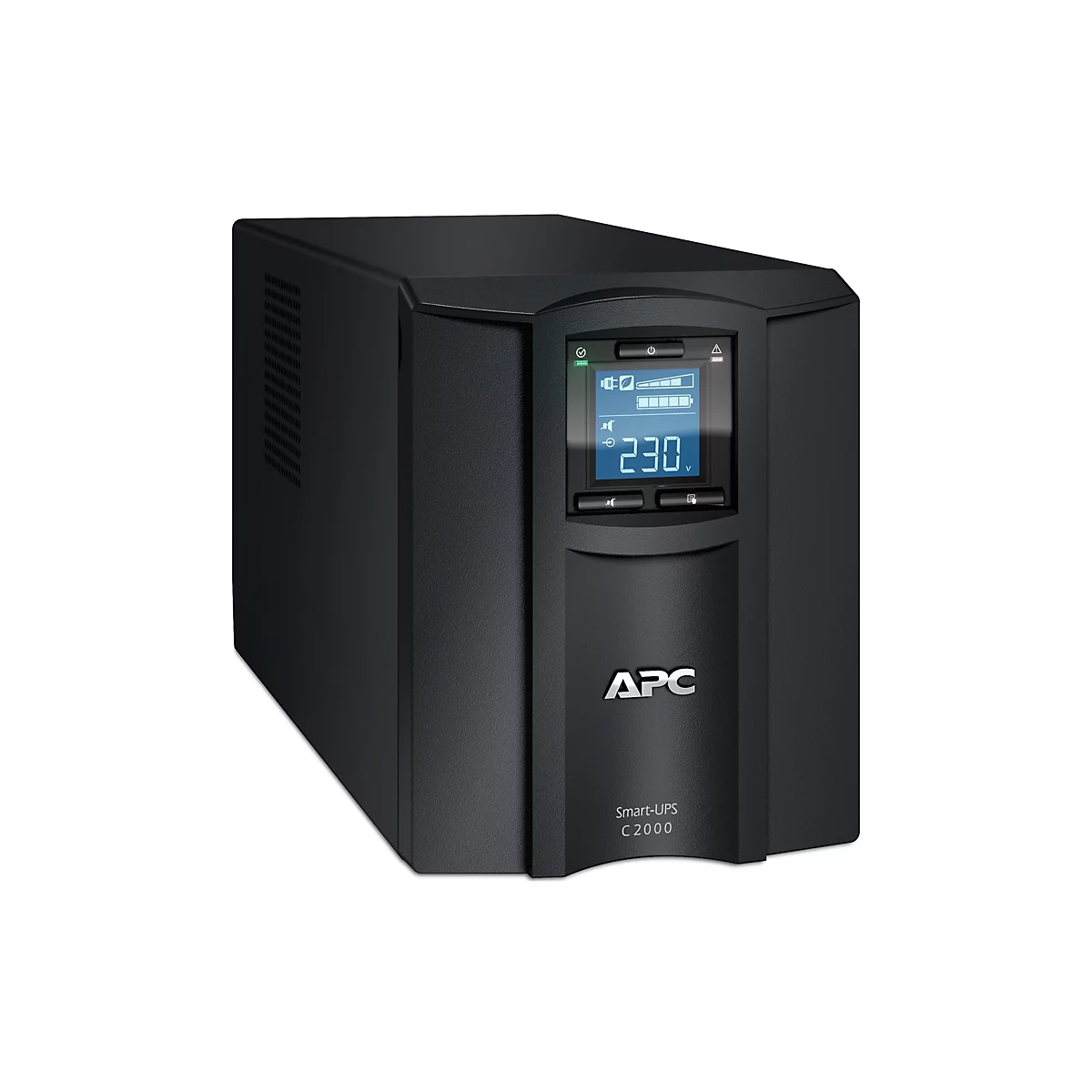Schwarze APC USV mit Display, zeigt 230.