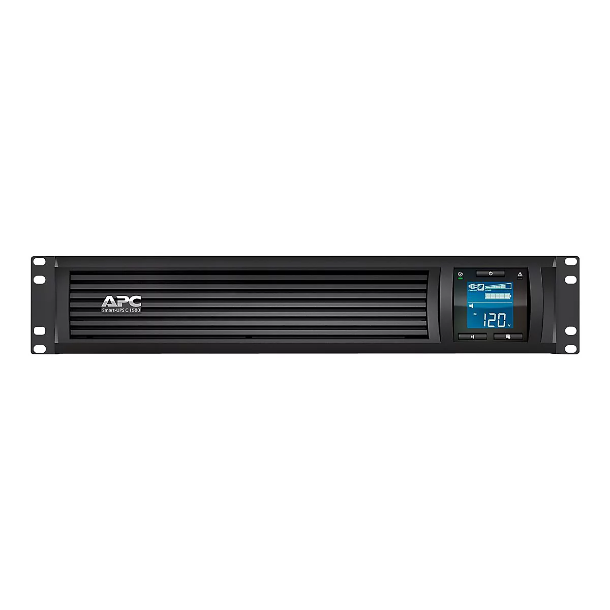 Schwarze USV von APC mit Digitalanzeige, die 120 Volt anzeigt.
