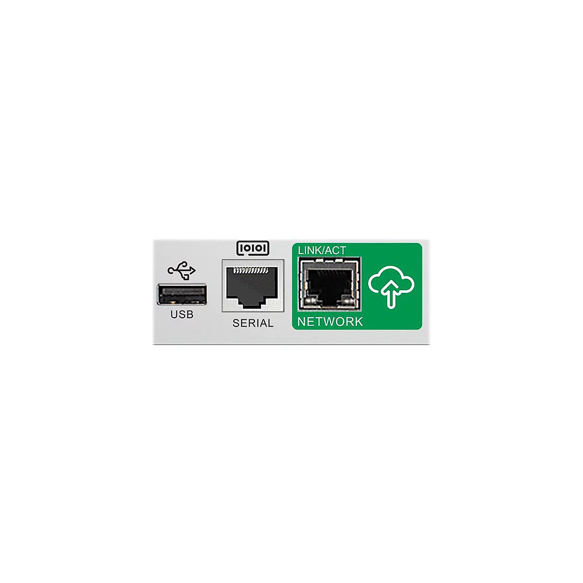 Detailansicht einer Gerätefront: USB-, serieller und Netzwerkanschluss.