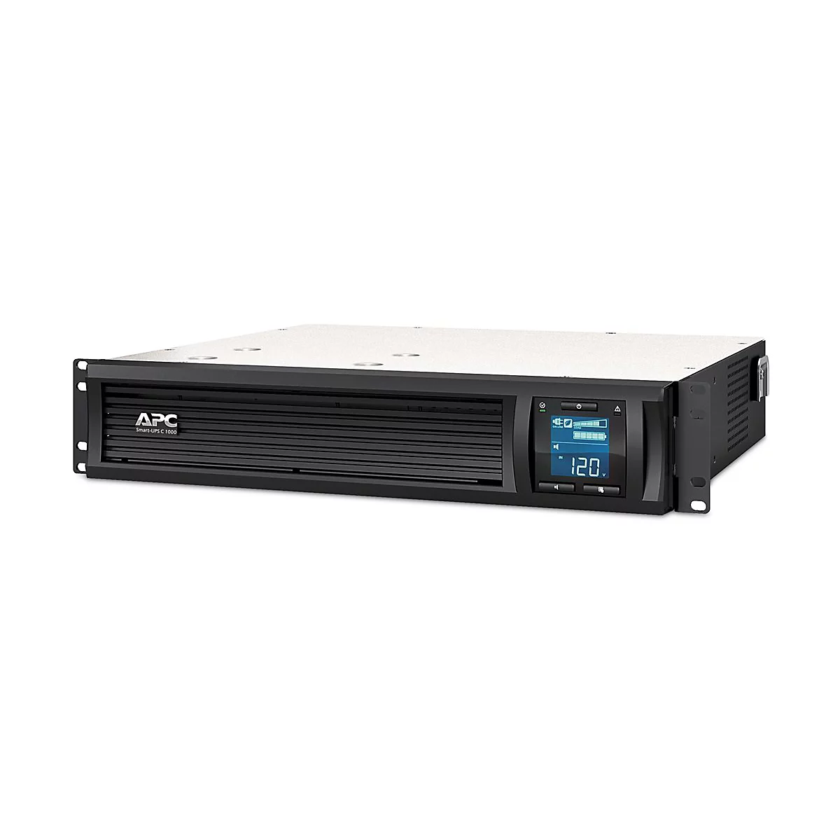 Schwarze USV-Anlage von APC mit Display und Anzeige von 120V.