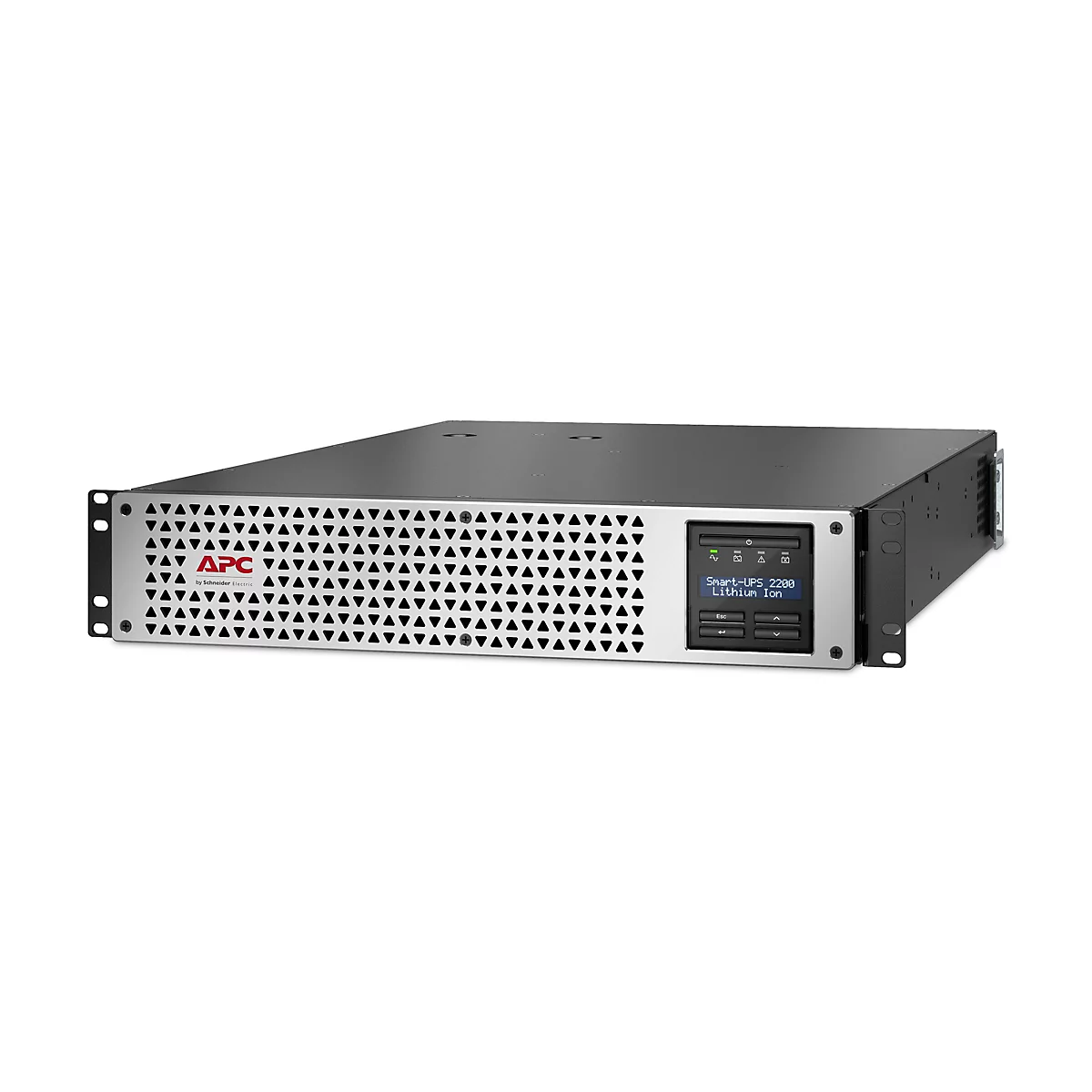 Ein schwarzer APC Smart-UPS 2200 Lithium-Ionen-USV-Server. Das Gerät ist silberfarben mit einem schwarzen Display und einer Anzeige.