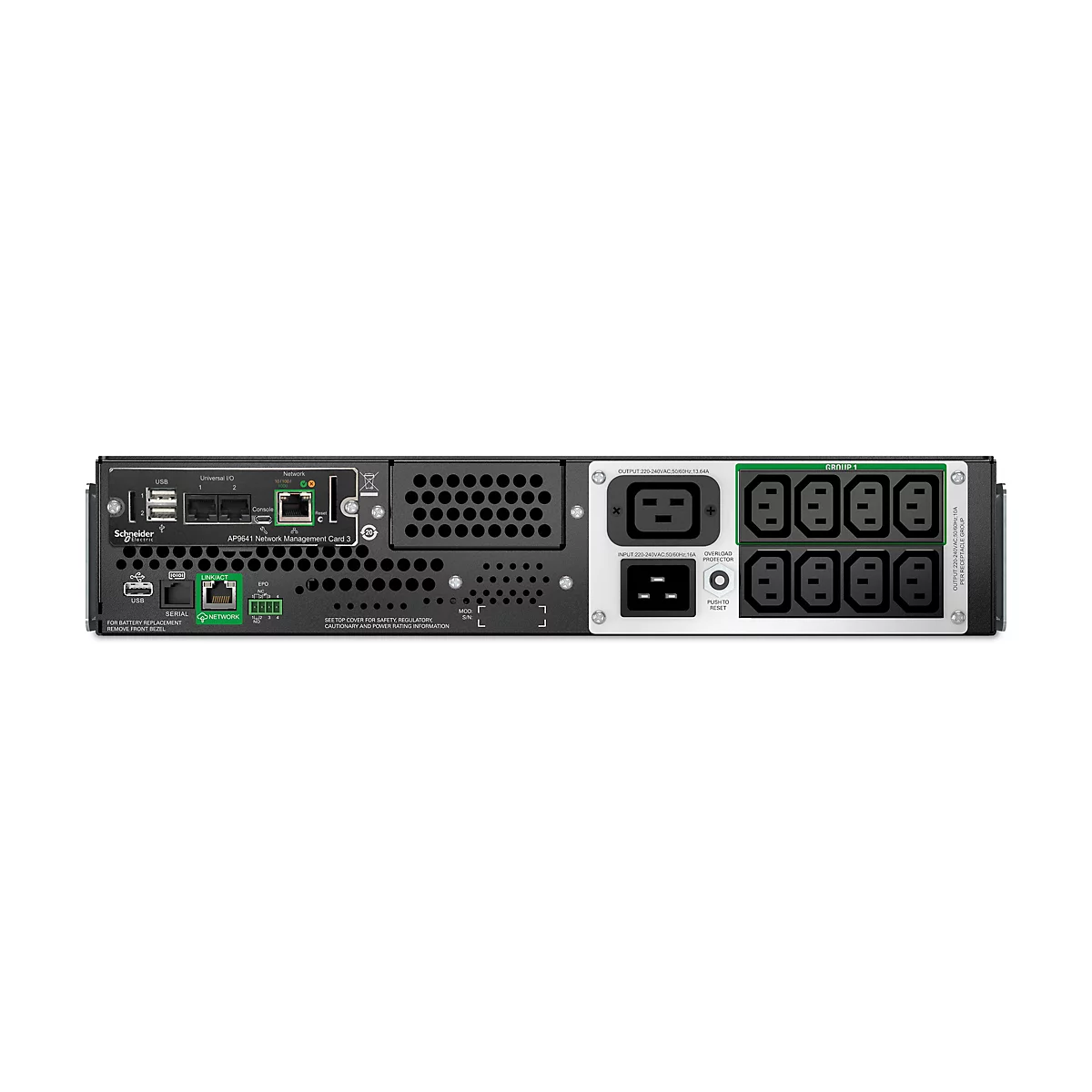 Rückansicht einer schwarzen USV-Anlage mit verschiedenen Anschlüssen, darunter USB, Ethernet und Stromanschlüsse. Beschriftungen sind deutlich sichtbar.