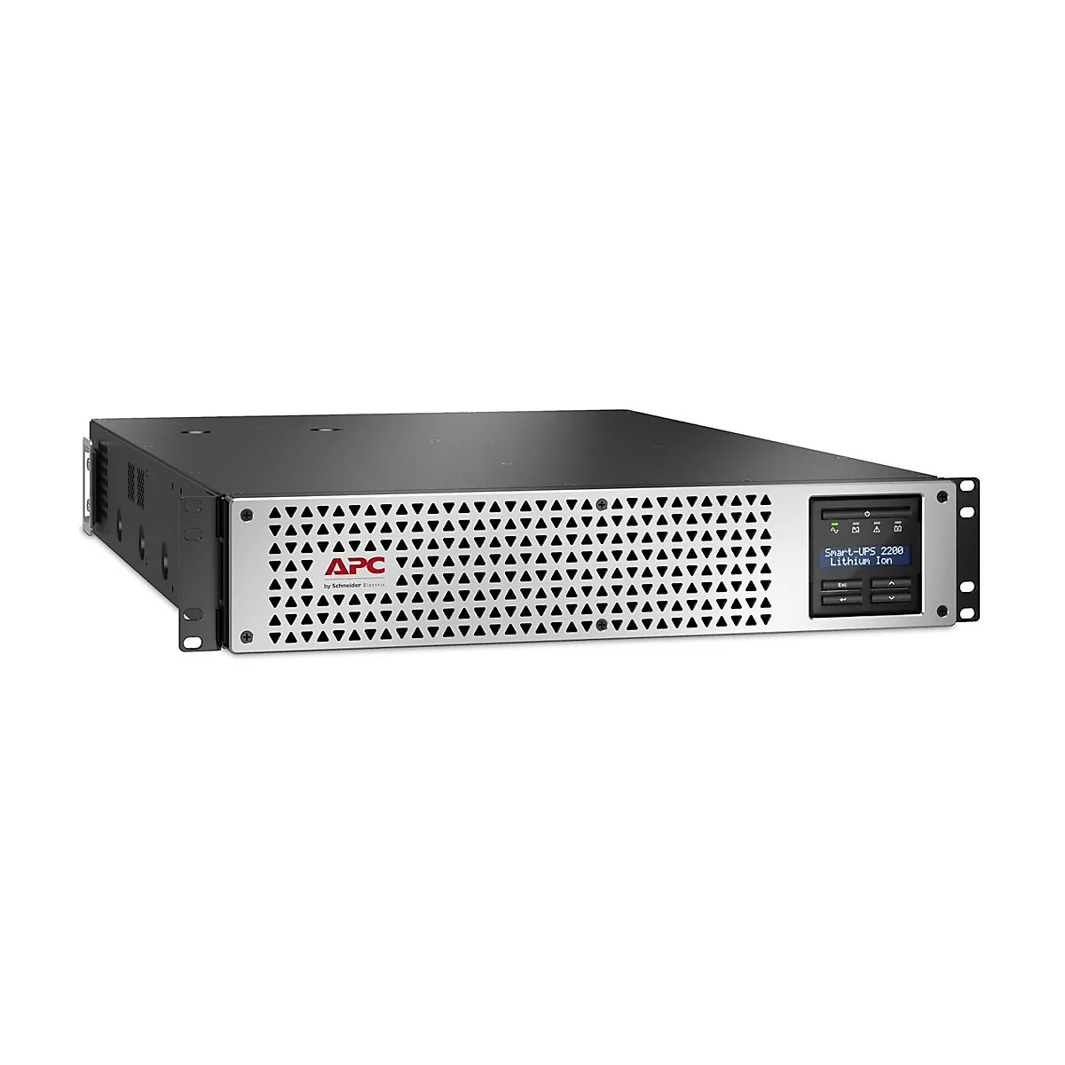 Ein schwarzes APC-USV-Gerät mit Display, Text: Smart-UPS 2200 Lithium Ion.