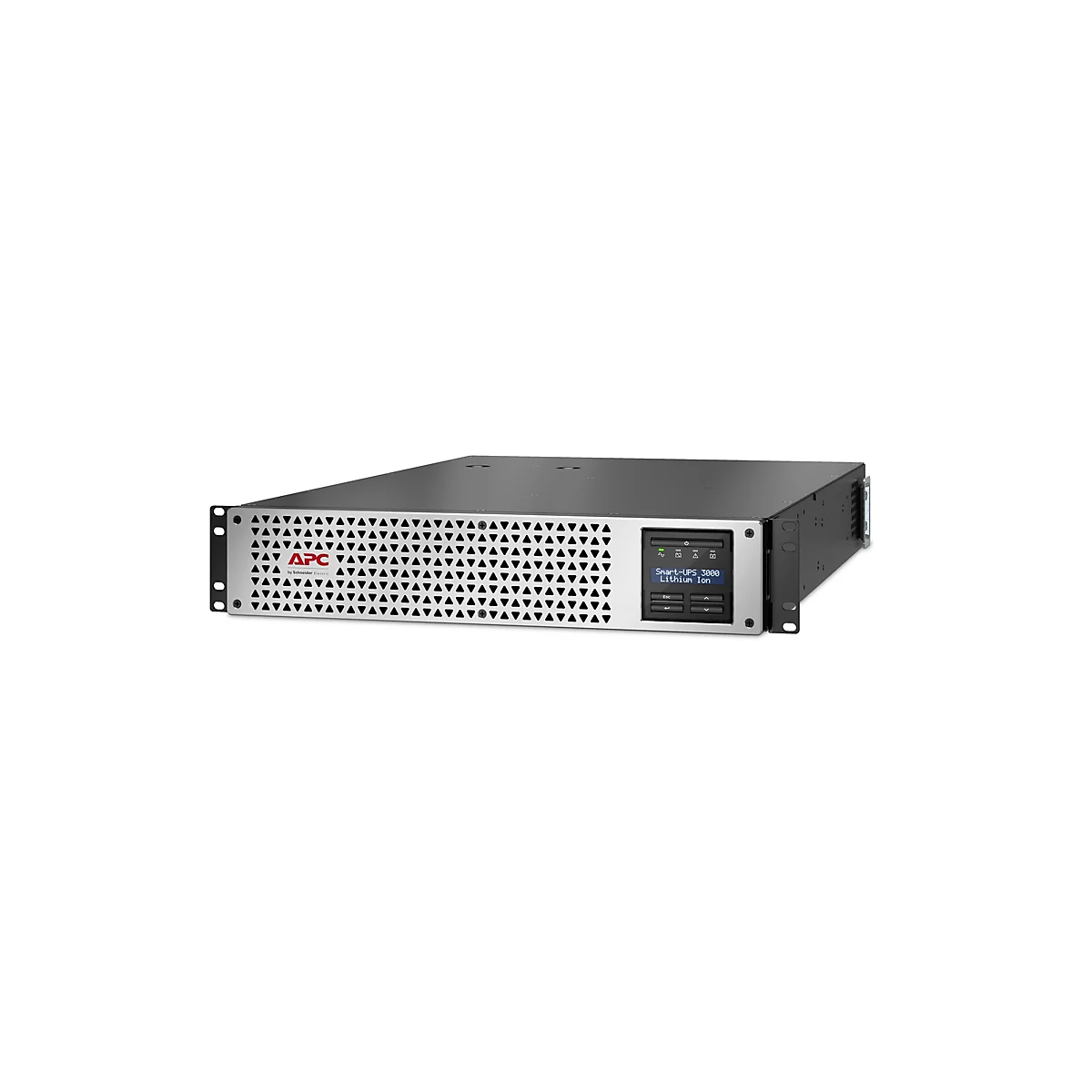 Ein APC Smart-UPS 3000 Lithium-Ionen-USV-Gerät vor weißem Hintergrund. Es ist schwarz und silberfarben, mit einem Bildschirm und der Aufschrift 'Smart-UPS 3000 Lithium Ion'.