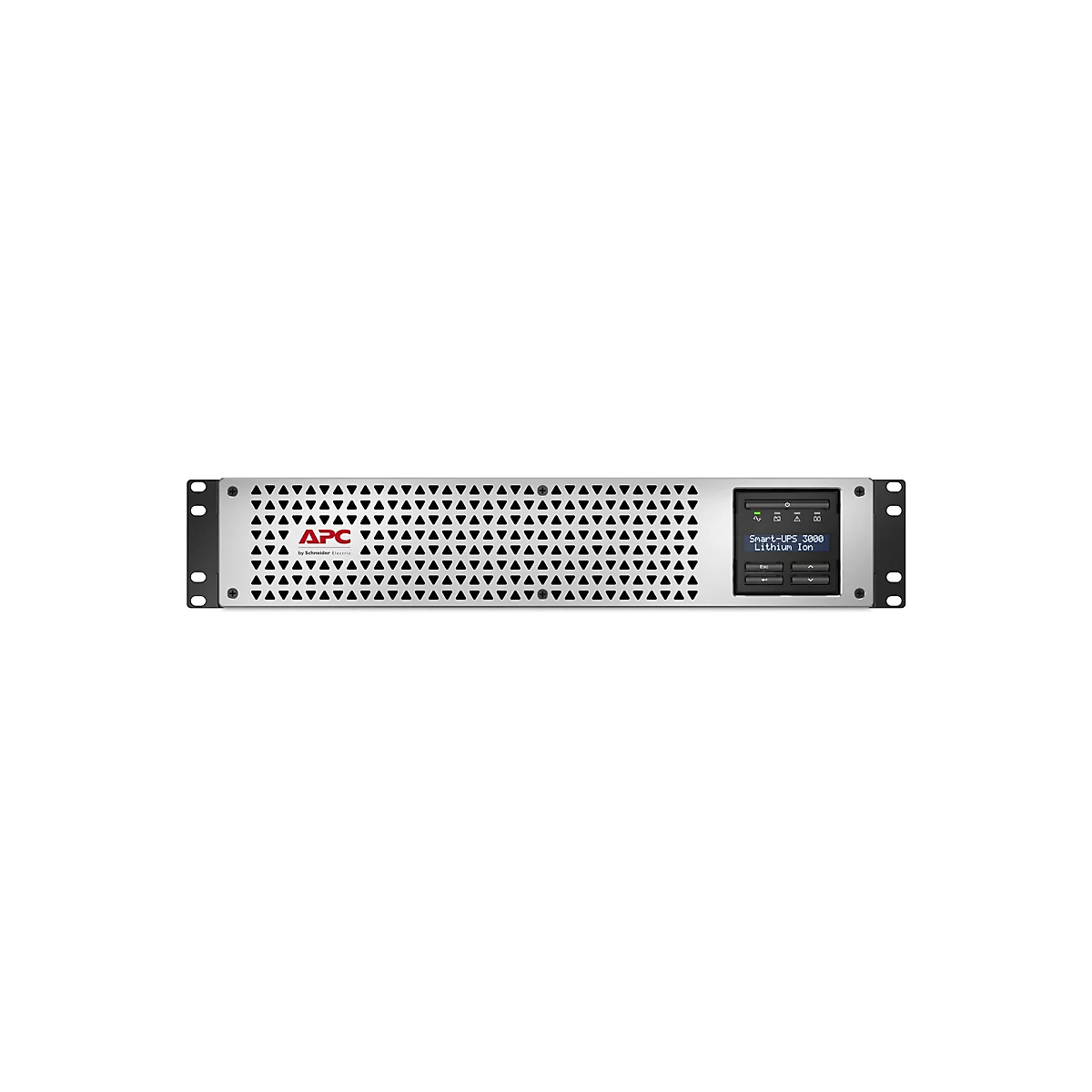 Ein schwarzes APC Smart-UPS 3000 Lithium-Ionen-USV-Gerät. Das Gerät hat eine graue Metallfront mit einem schwarzen Bedienfeld und einem LCD-Bildschirm.