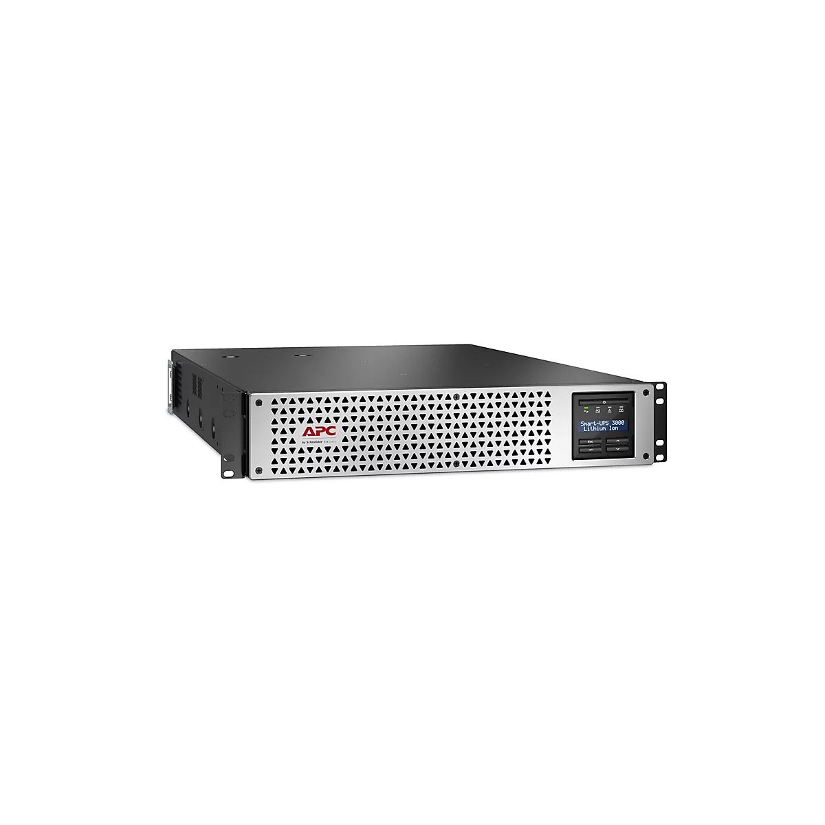 Ein schwarzes APC Smart-UPS 3000 Lithium-Ion-Gerät, vorn mit Display.