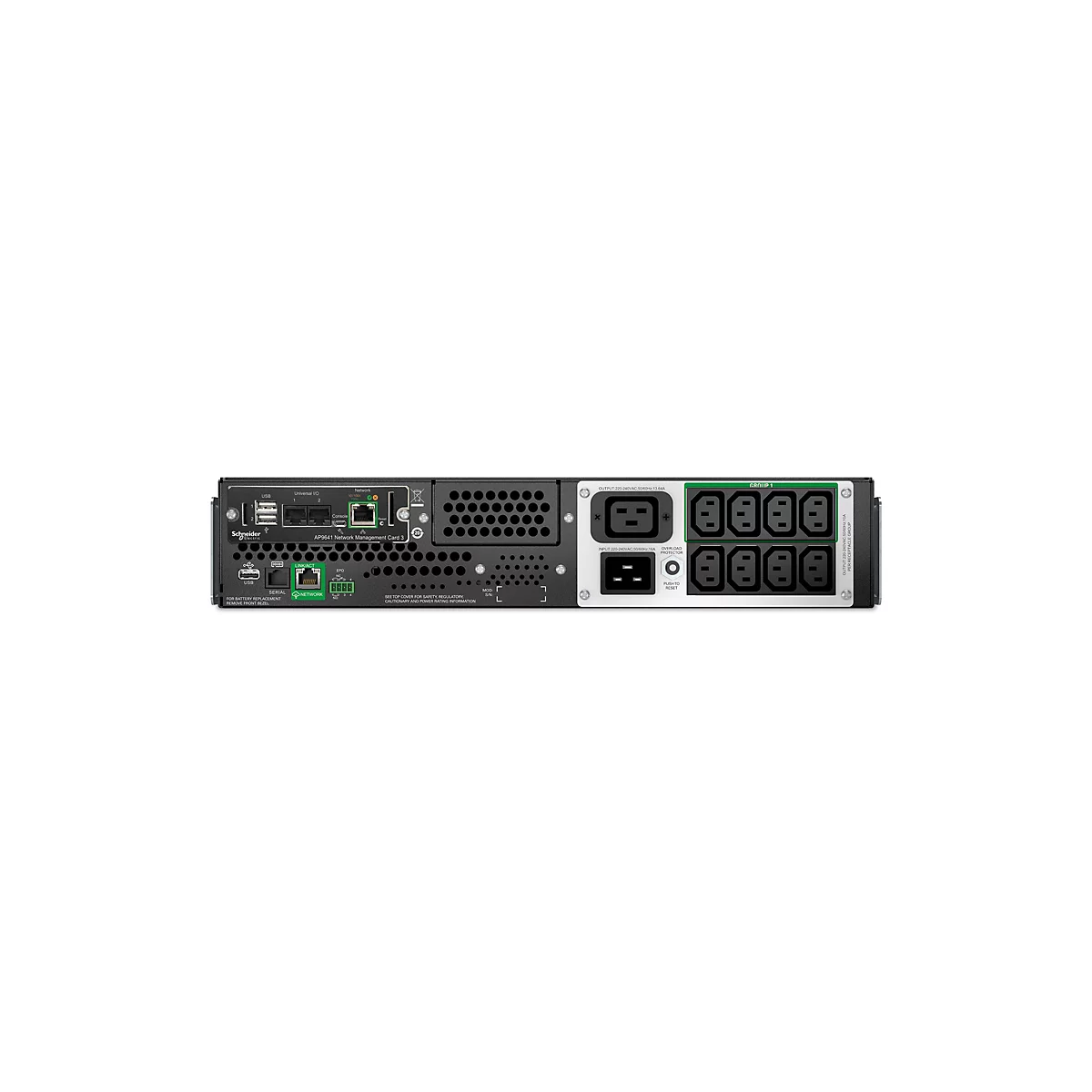Rückansicht eines schwarzen APC Smart-UPS, mit Anschlüssen, Steckdosen und der Aufschrift 'Schneider Electric'.