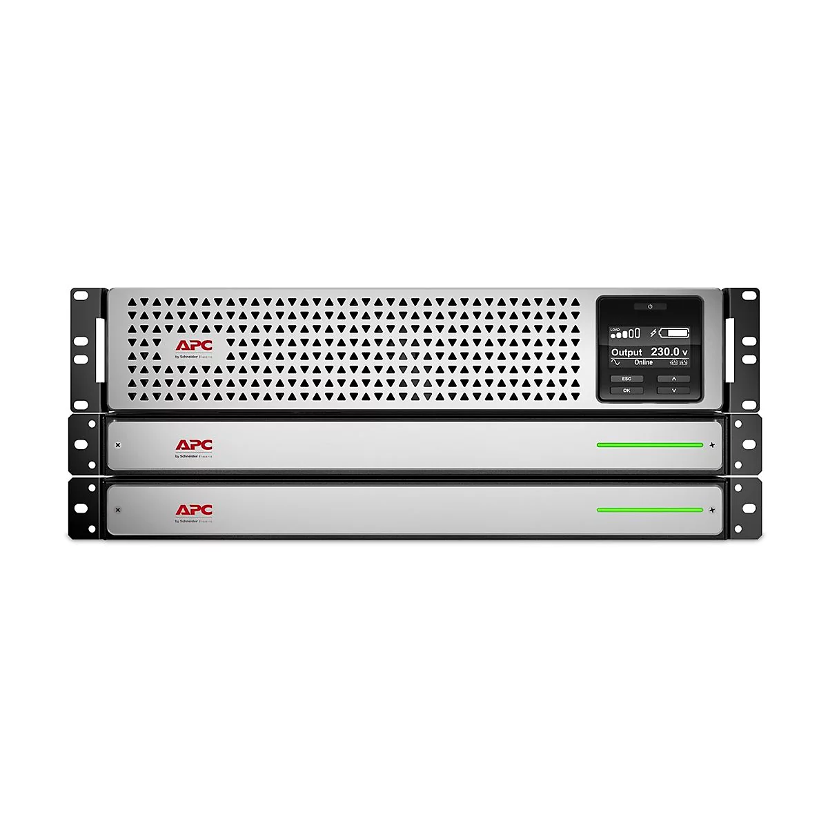 Graues APC-USV-Gerät mit Digitalanzeige. Aufschrift APC, Anzeige zeigt 230 V an. Grün leuchtende Balken.