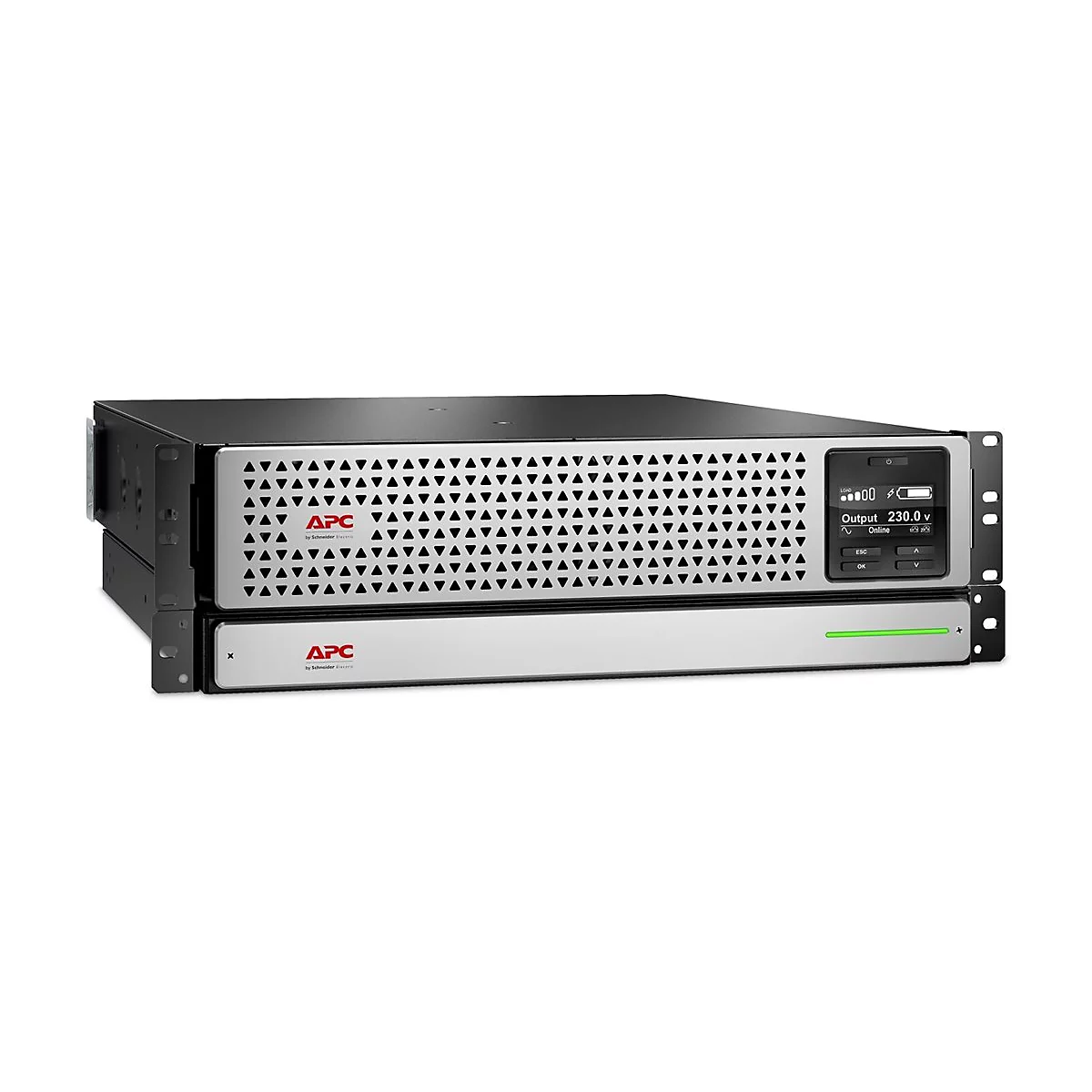 Schwarz-silberner APC USV-Server mit Bildschirm und grüner Anzeige.