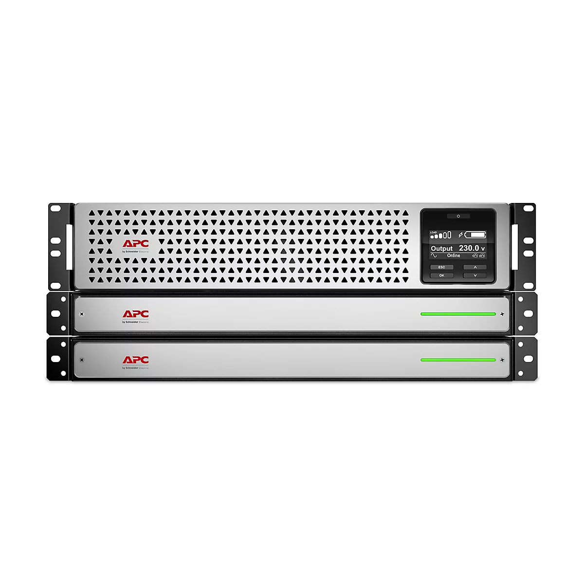 Ein Rack-Server mit drei übereinander liegenden Geräten. Das obere Gerät zeigt ein Display mit Messwerten. Auf jedem Gerät ist das APC Logo zu sehen.