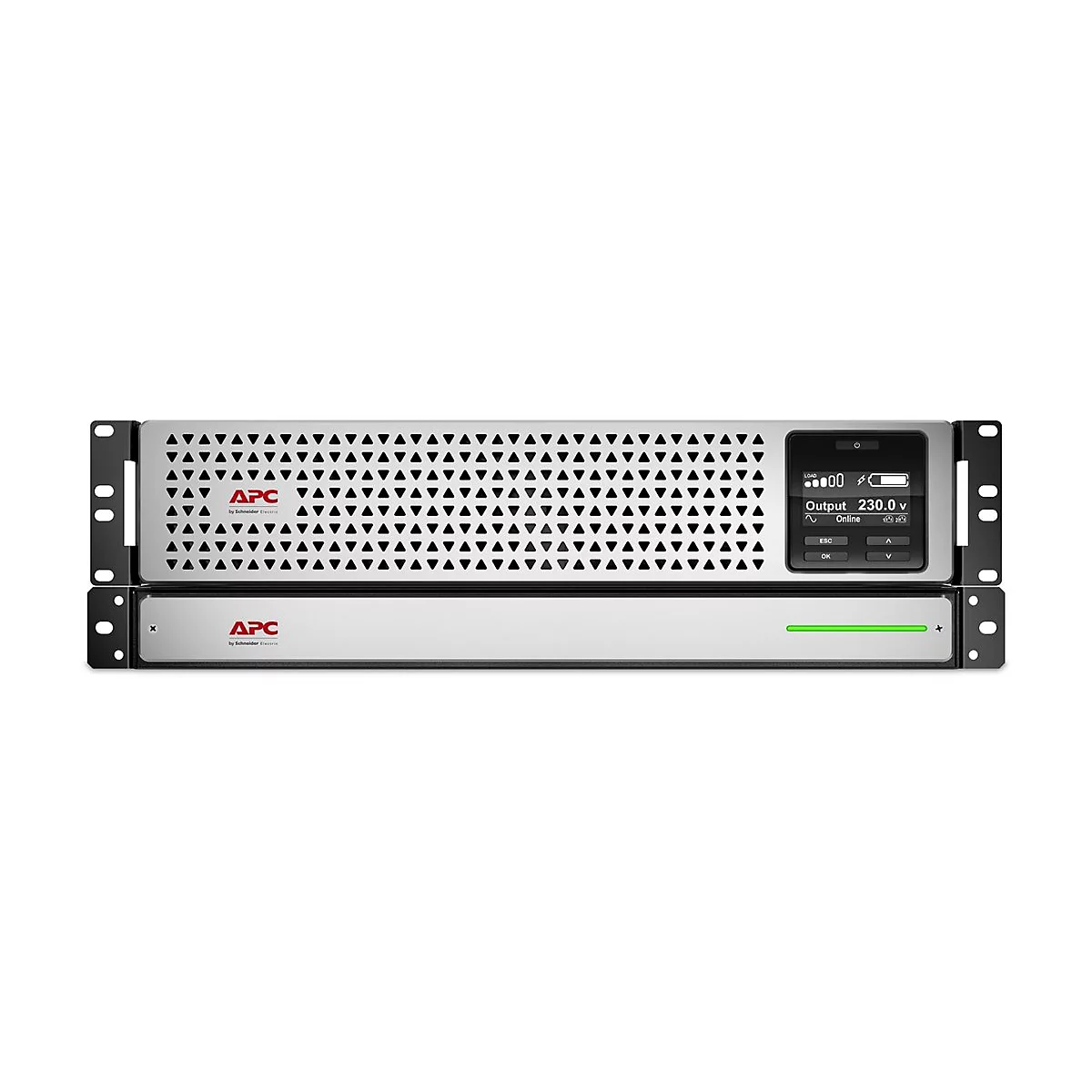 APC USV-Gerät, silberfarben, mit Anzeige, zeigt Spannung von 230,0 V an. Der grüne Balken und das APC-Logo sind deutlich sichtbar.
