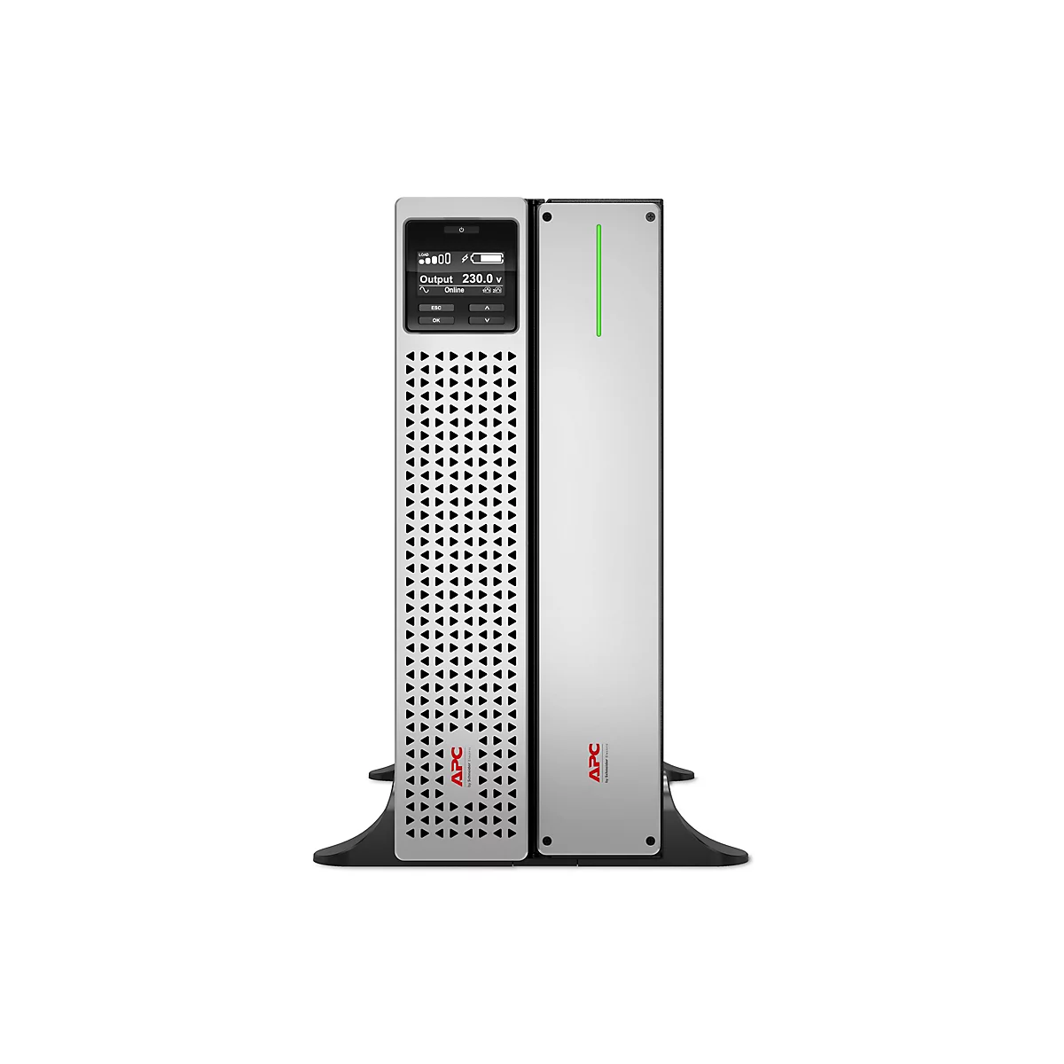 Ein silberner USV-Turm mit LCD-Anzeige und APC-Logo. Vertikal, isoliert auf weiÃŸem Hintergrund.