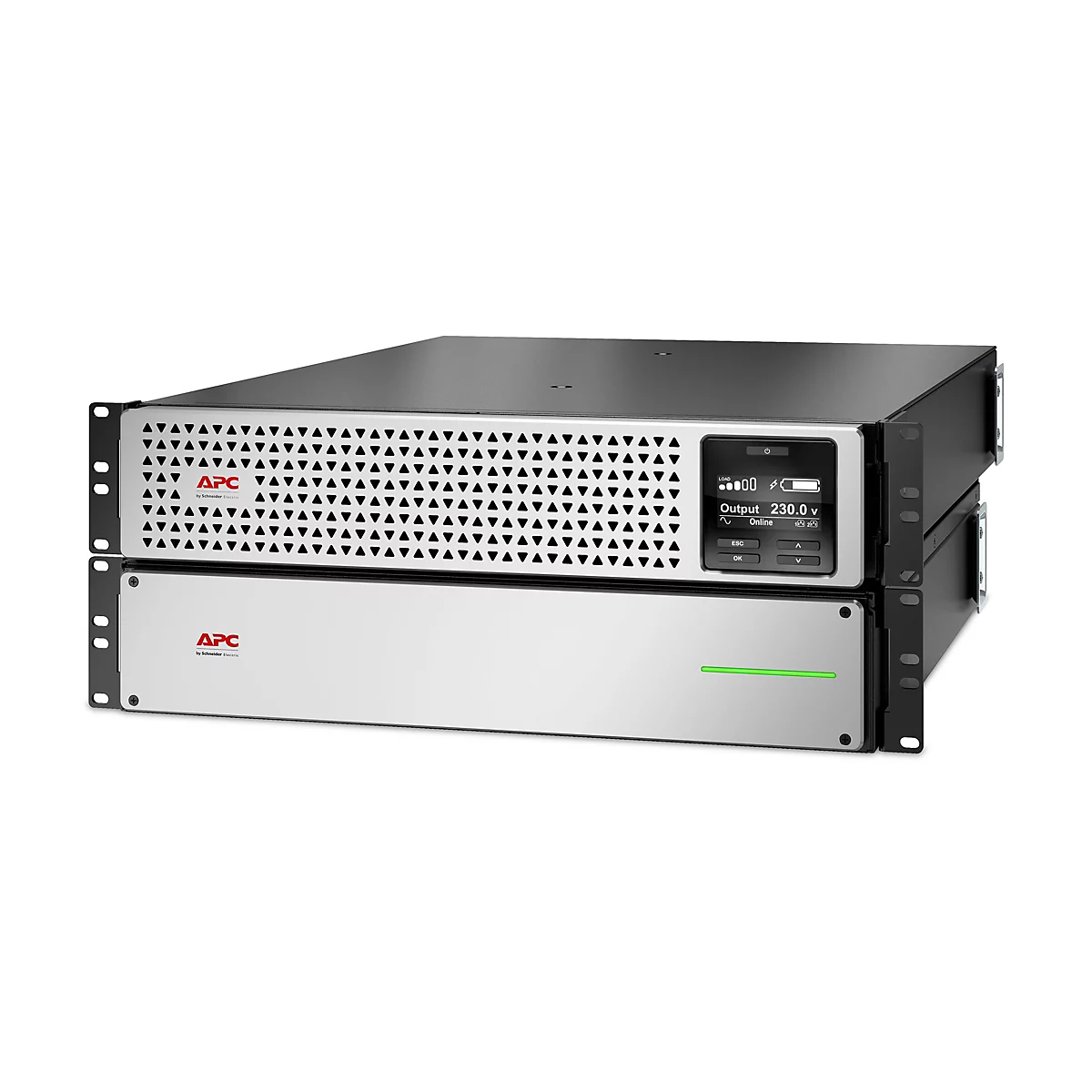 Zwei APC-Server-Racks Ã¼bereinander, auf einem weiÃŸen Hintergrund. Das obere Rack hat ein Display und Lochmuster, das untere Rack hat eine grÃ¼ne LED-Leiste.
