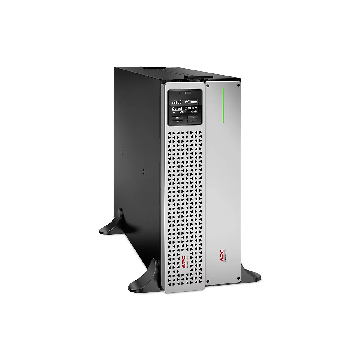 Ein grauer APC-USV-Server mit schwarzer Oberseite und FÃ¼ÃŸen, Display. Die rechte Seite ist silbern mit einem grÃ¼nen vertikalen Streifen.