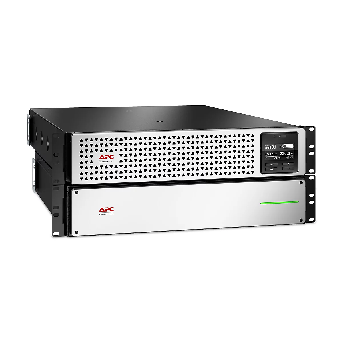 Ein Stromversorgungssystem von APC. Schwarzes Oberteil, silberne Front, APC-Logo. LCD-Display mit Messwerten.