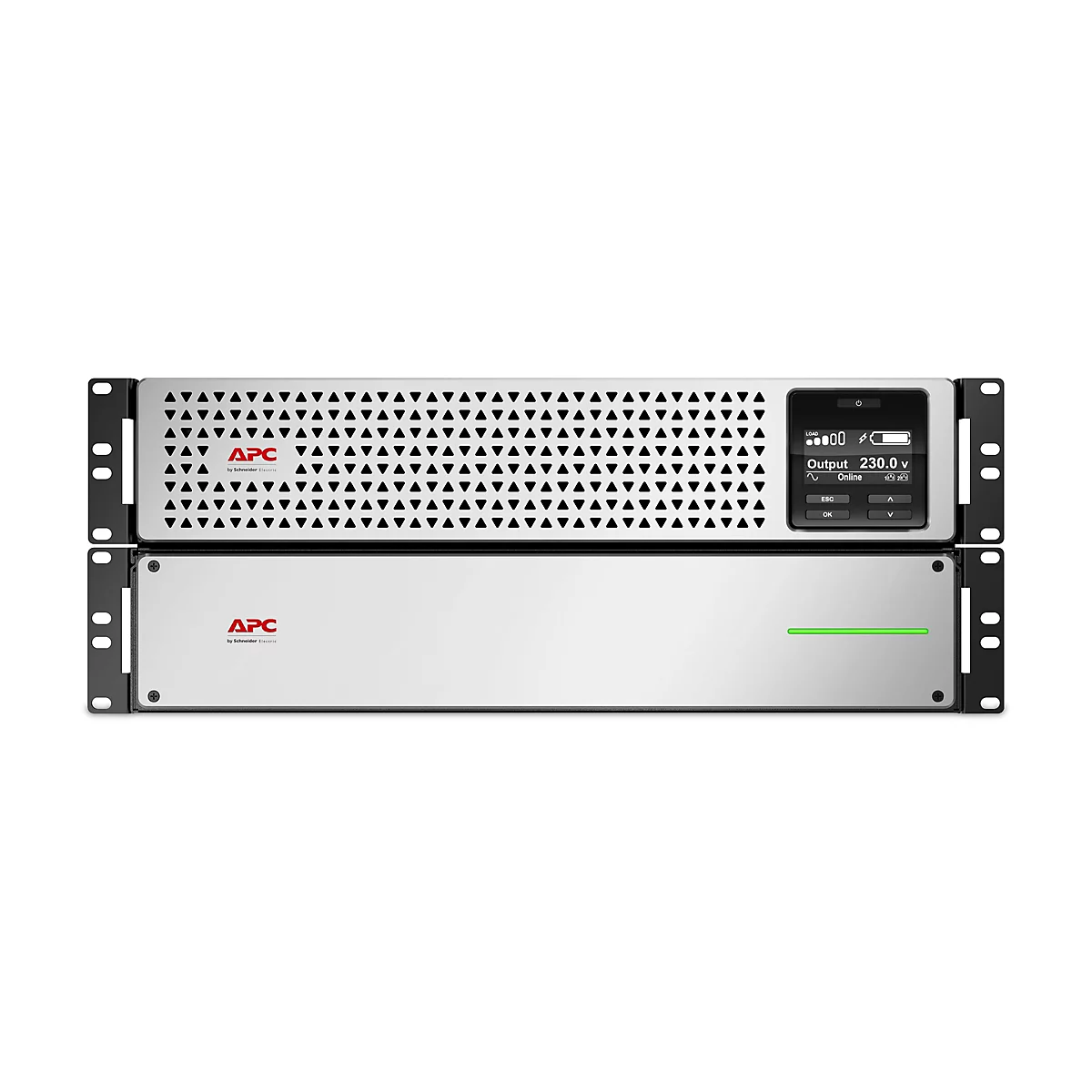 Zwei schwarze Server-Geräte mit Metallfront, APC-Logo, Display mit Anzeige von Leistung, Spannung. Oberes Gerät mit Dreiecksstruktur, unteres mit grüner Leuchte.