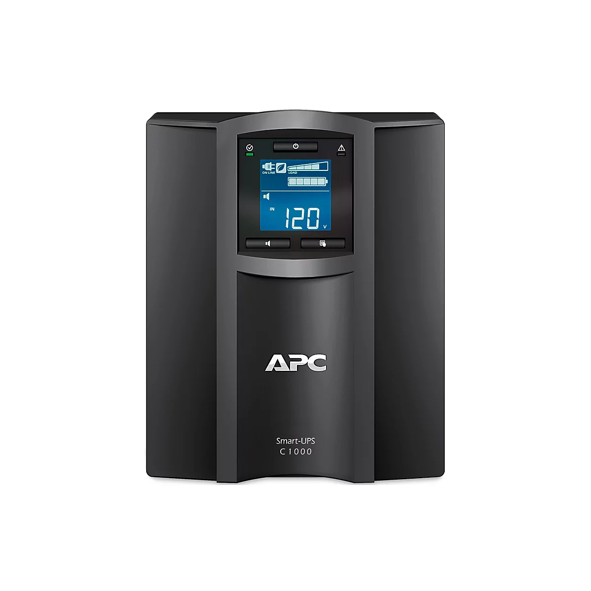 Un onduleur APC Smart-UPS C1000 noir avec un écran bleu affichant 120V.