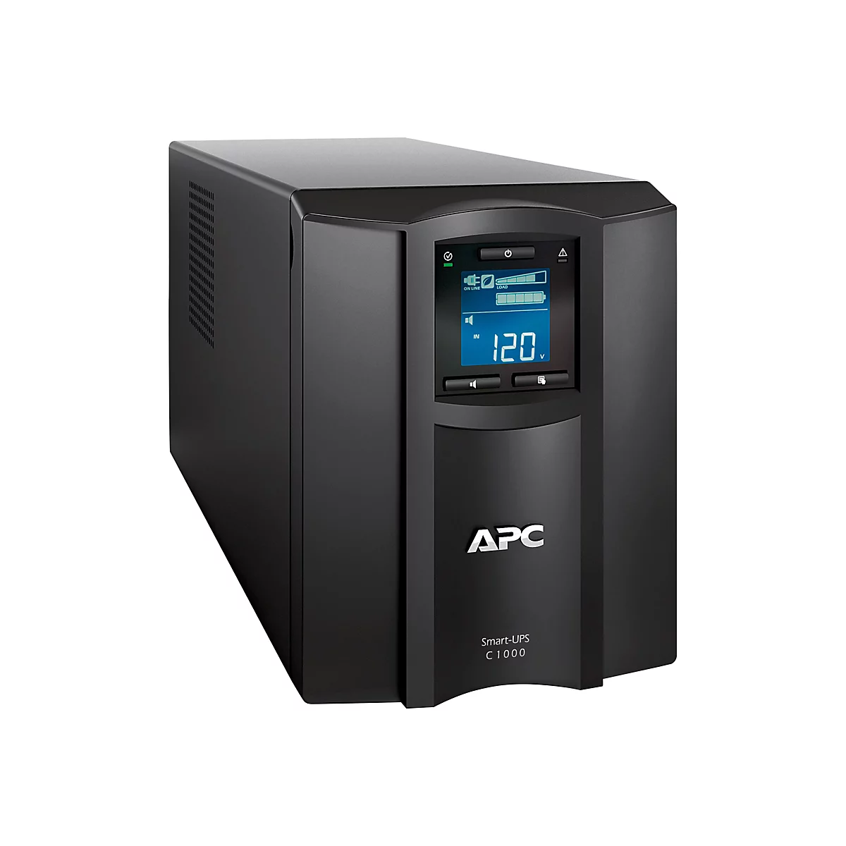 Ein schwarzes APC Smart-UPS C1000 Gerät vor weißem Hintergrund. Es hat ein blaues Display, das Werte anzeigt.