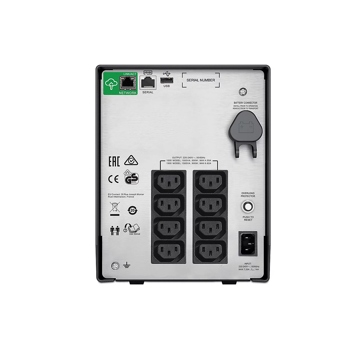 Rückseite eines schwarzen und silbernen USV-Geräts mit Steckdosen, Anschlüssen und Bedienfeldern. Beschriftungen umfassen Netzwerk, seriell, USB, und "Push to reset".