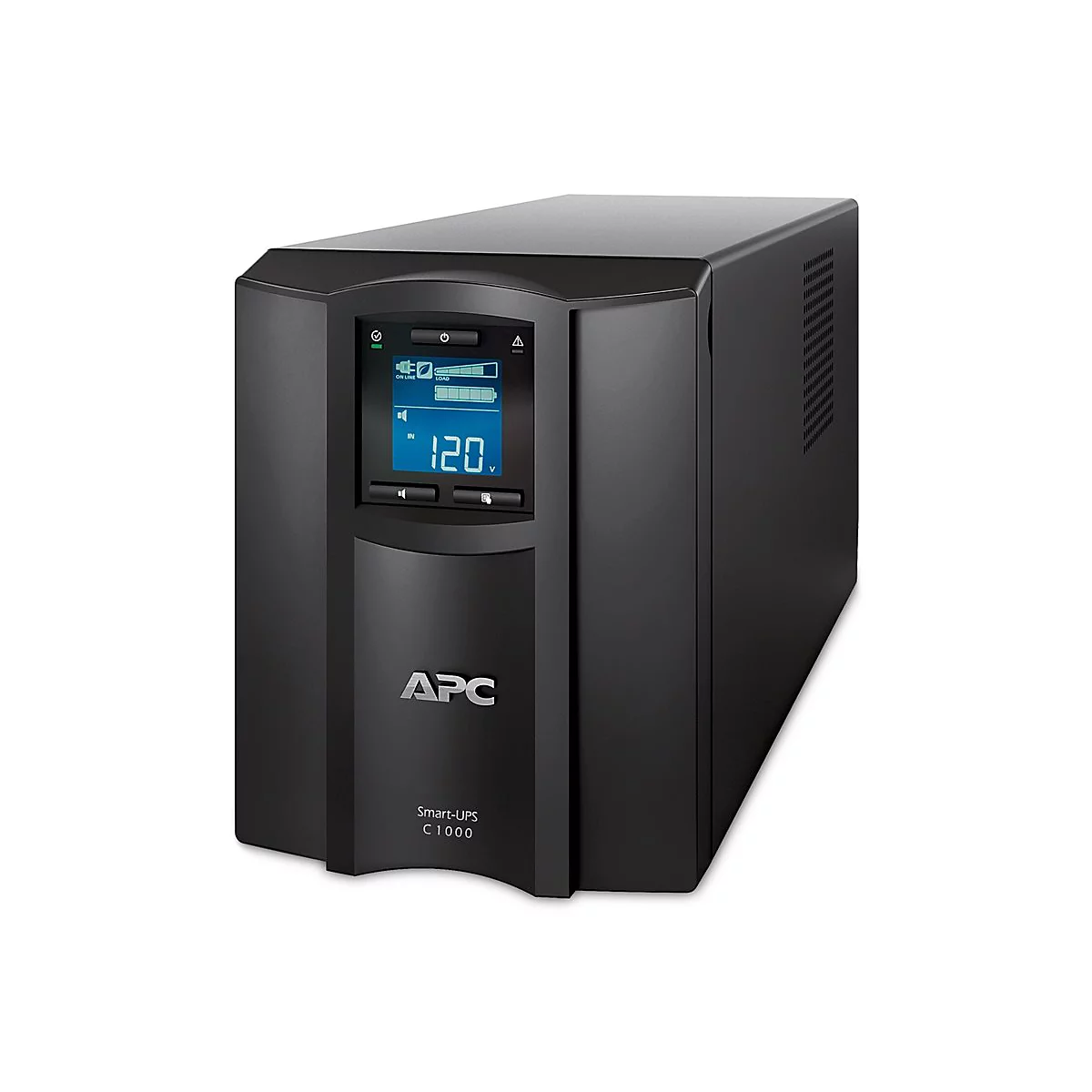 Schwarze USV von APC mit digitaler Anzeige: 120 V. Modell: Smart-UPS C 1000.