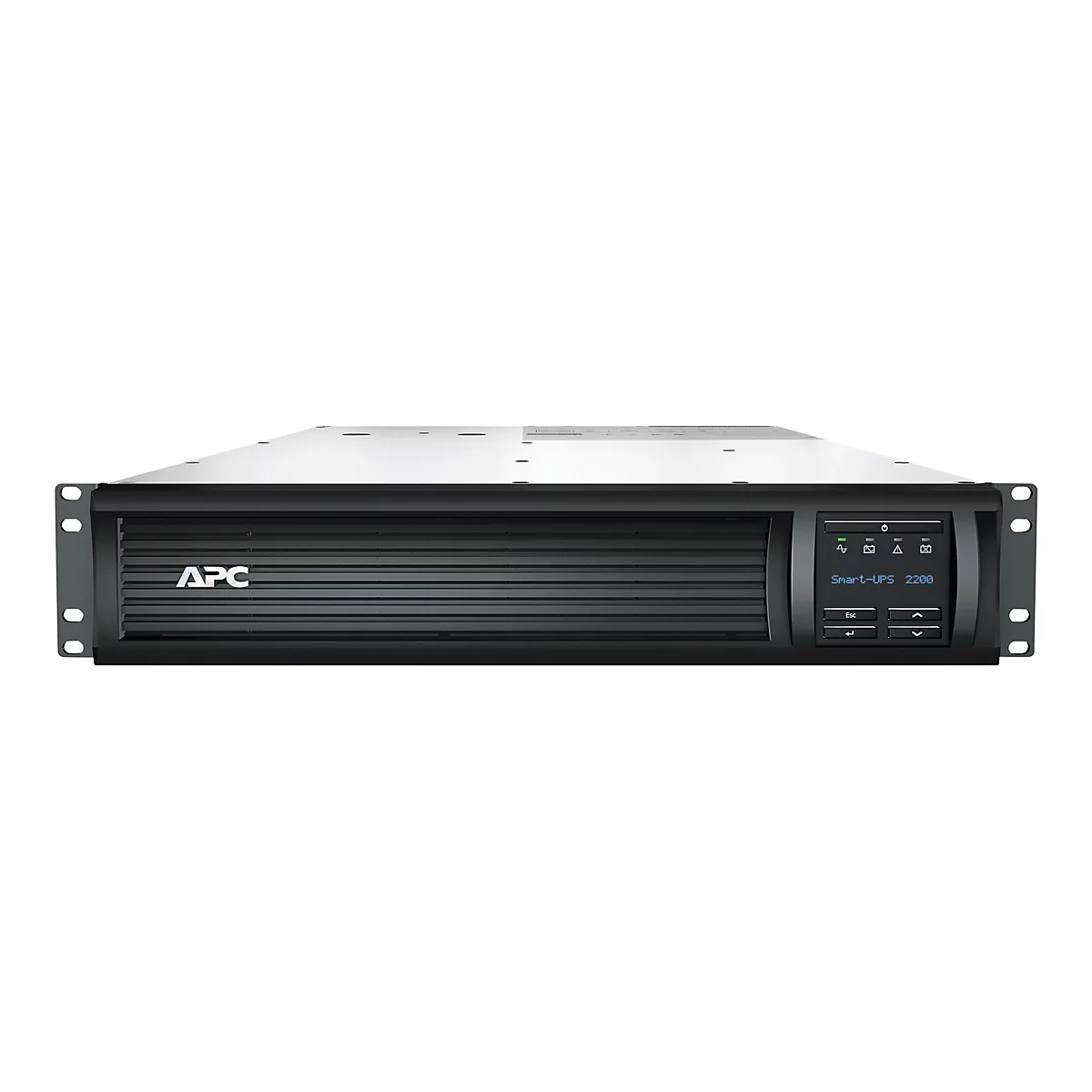 Un onduleur APC noir positionnÃ© sur un fond blanc. Il comporte un Ã©cran et des boutons.