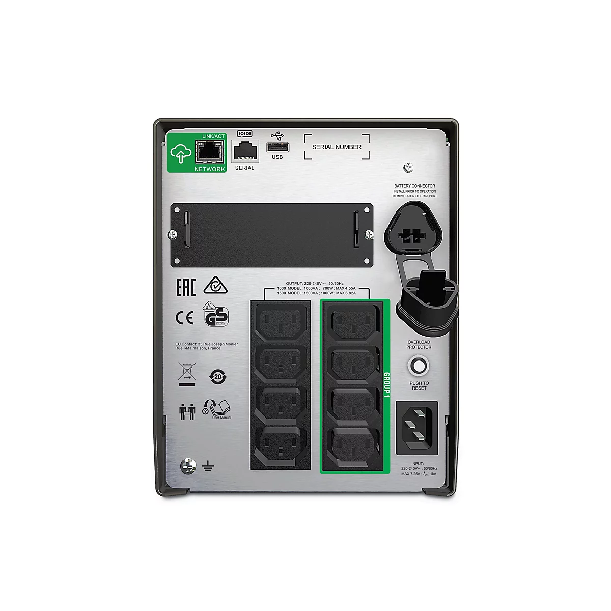 Arrière d'un onduleur avec ports, prises, étiquettes et avertissements. Le fond est argenté.