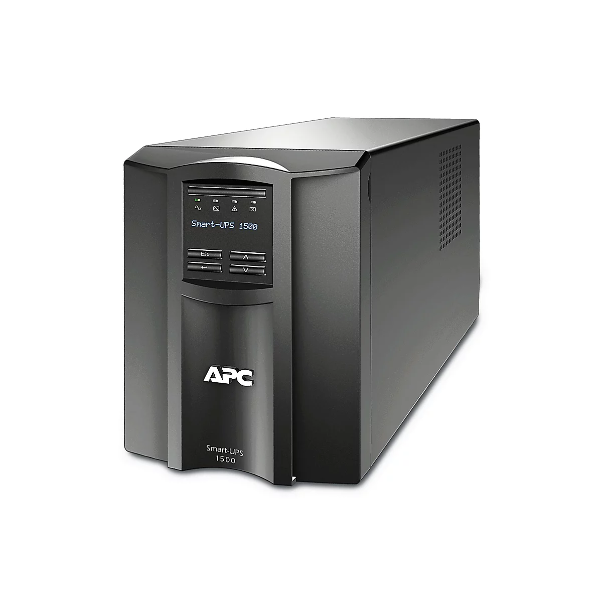 Ein schwarzes APC Smart-UPS 1500 USV-Gerät vor weißem Hintergrund. Auf der Frontseite befinden sich ein Bildschirm mit Informationen und das APC-Logo.