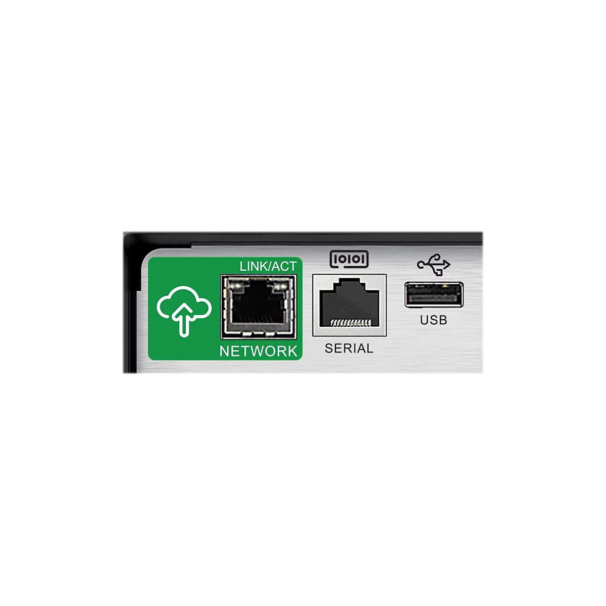 Nahaufnahme der RÃ¼ckseite eines elektronischen GerÃ¤ts mit Netzwerk-, seriellen und USB-AnschlÃ¼ssen.