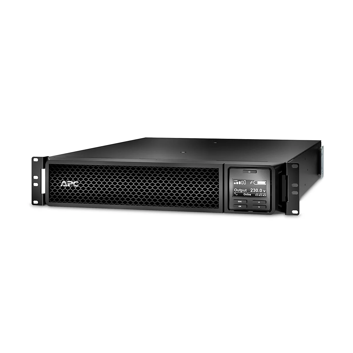 Schwarzes USV-Gerät mit Display und APC-Logo. Das Display zeigt Details wie "Output 230.0 V" und "Online".