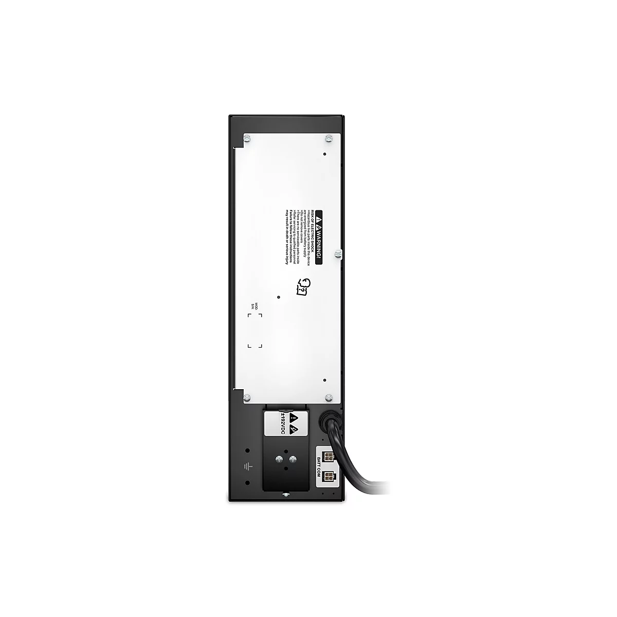 Rückansicht einer unterbrechungsfreien Stromversorgung (USV) mit Warnhinweisen und Anschlüssen. Auf der Rückseite befinden sich Warnhinweise wegen elektrischer Gefahren und Anschlüsse für Batterie und Strom.