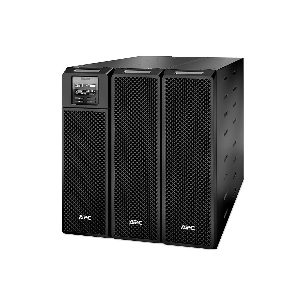 Schwarze USV-Anlage mit LCD-Display. Schriftzug: Output 230,0 V, Online. Logo: APC.