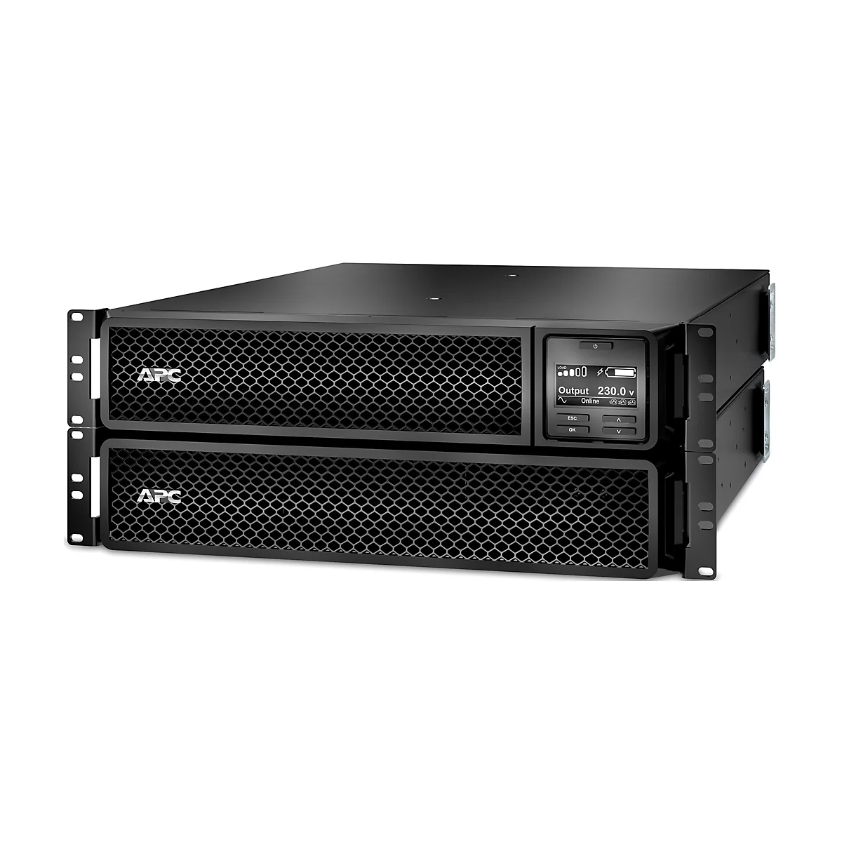Ein schwarzes USV-Gerät von APC. Es hat einen Bildschirm mit Messwerten und Bedienfeldern.