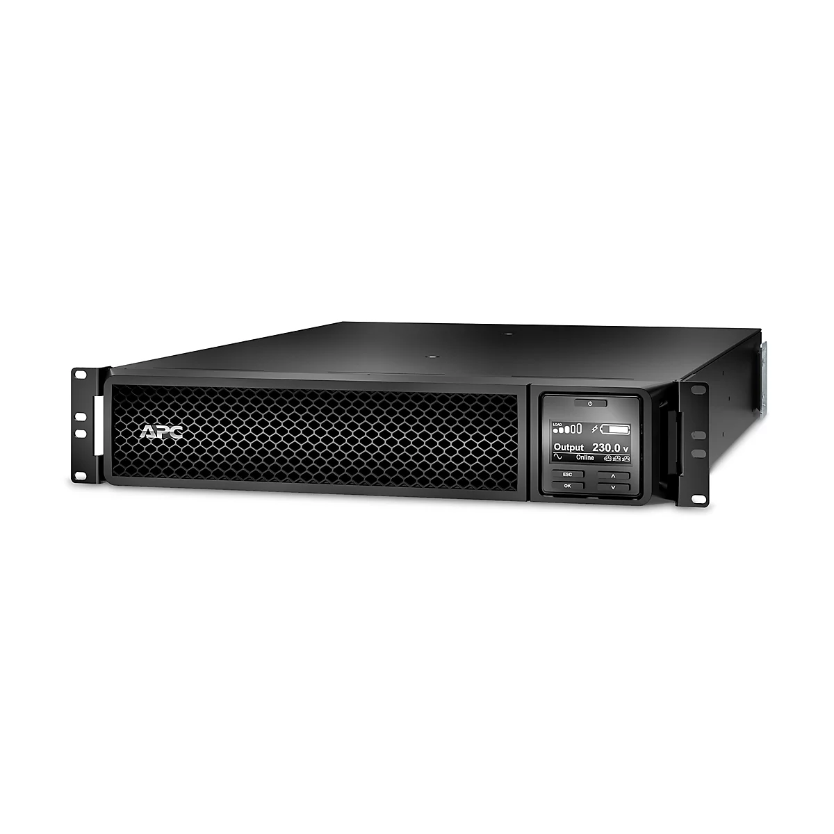 Ein schwarzes APC USV-Gerät mit Display und Bedienknöpfen. Anzeige: Output 230.0V, Online.