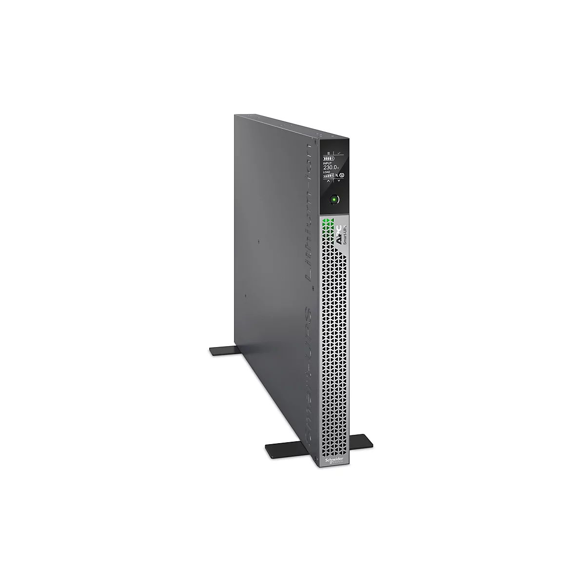 Grauer Serverschrank mit schwarzem Sockel vor weiÃŸem Hintergrund. Oben rechts ist ein Display zu sehen.