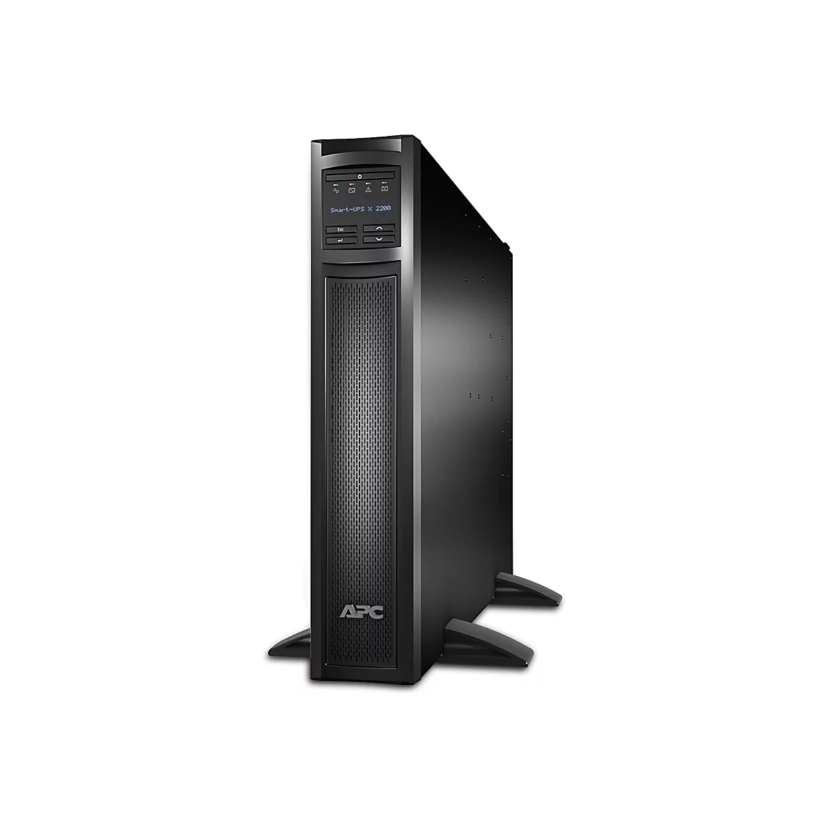 Schwarze APC Smart-UPS 2200 USV mit Bedienfeld und Lüftungsschlitzen, vor weißem Hintergrund.